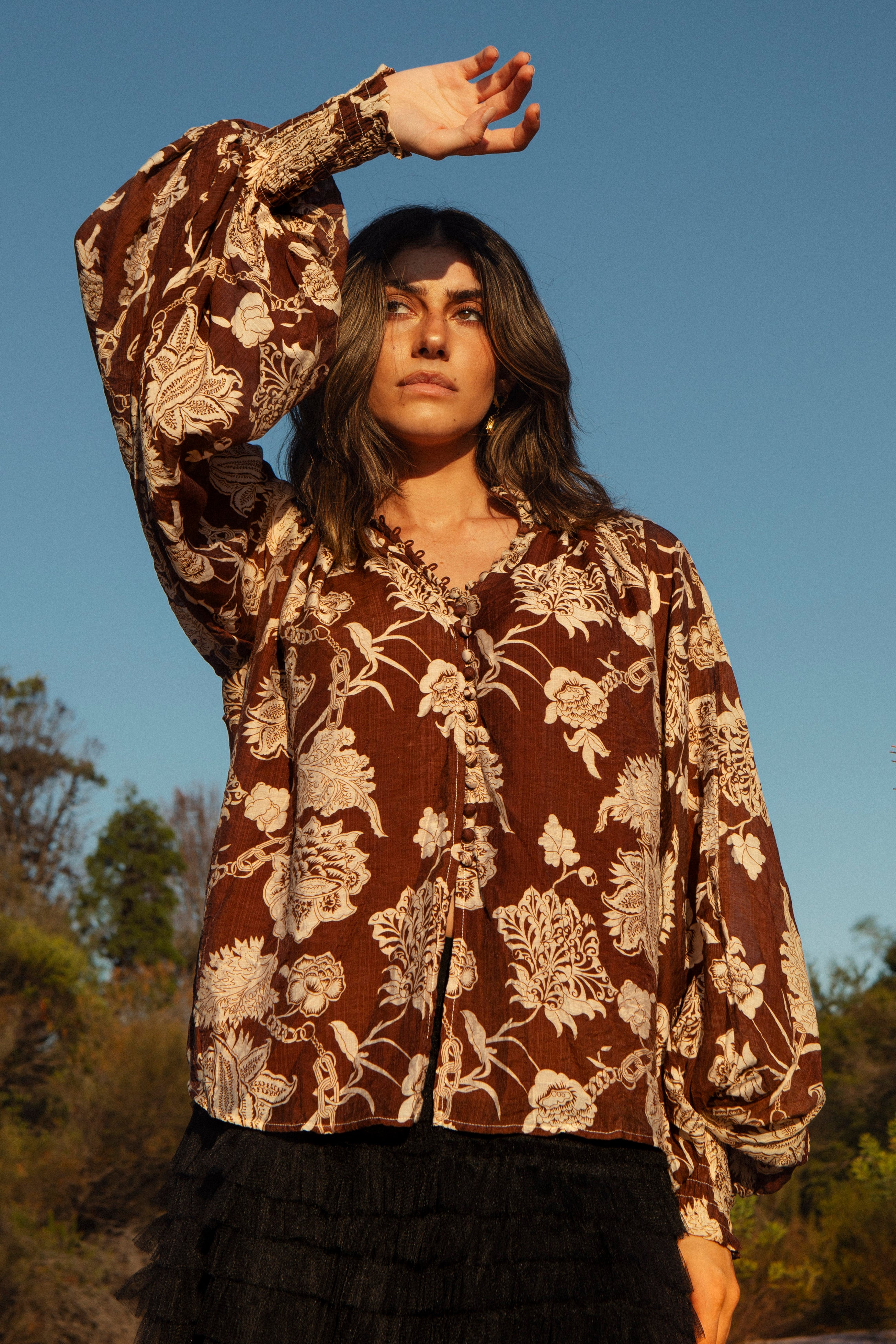Aurora Blouse Desert Muse - Boho style blouse with floral pattern on brown colourway