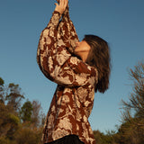 Aurora Blouse Desert Muse - long sleeve boho blouse with floral pattern on brown colourway