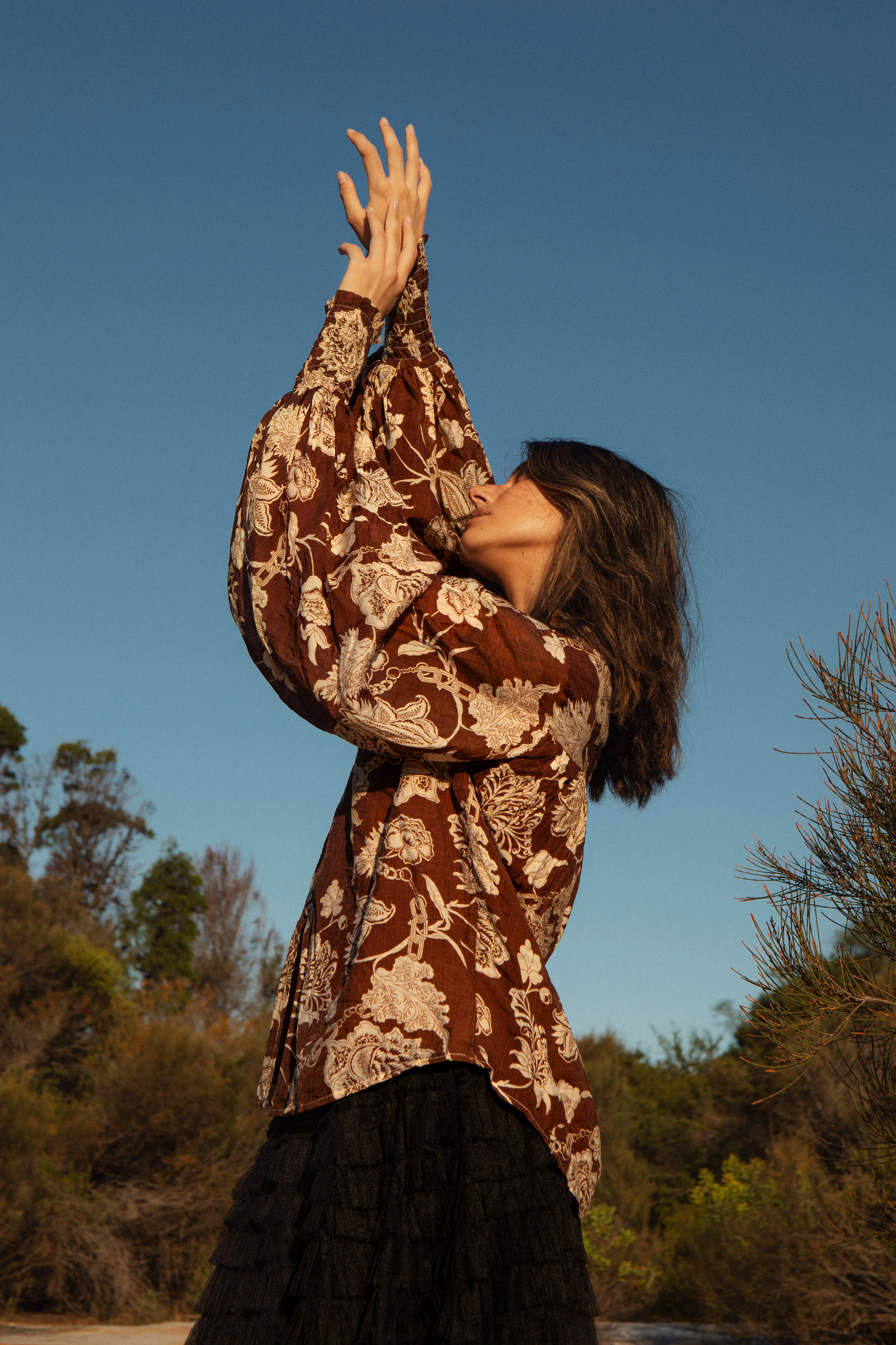 Aurora Blouse Desert Muse - long sleeve boho blouse with floral pattern on brown colourway
