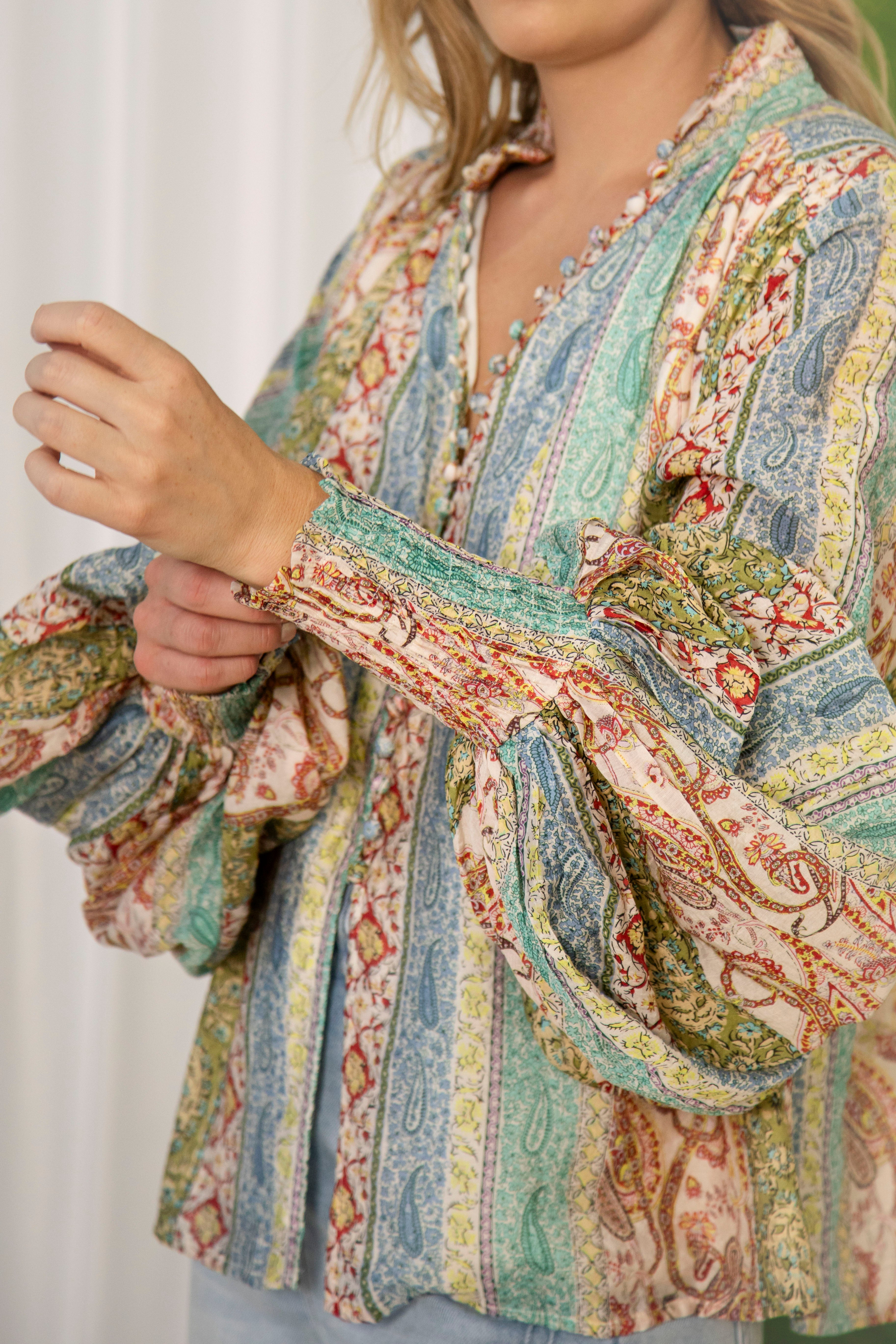 Aurora Blouse Dream showcasing boho print and elasticised cuffs on billowy sleeves