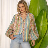 Aurora Blouse Dream is a Boho Blouse featuring button down style, full length billowy sleeves with elasticised cuff in striped pattern