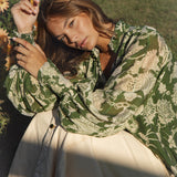Aurora Blouse Evergreen showcaasing shirred cuff