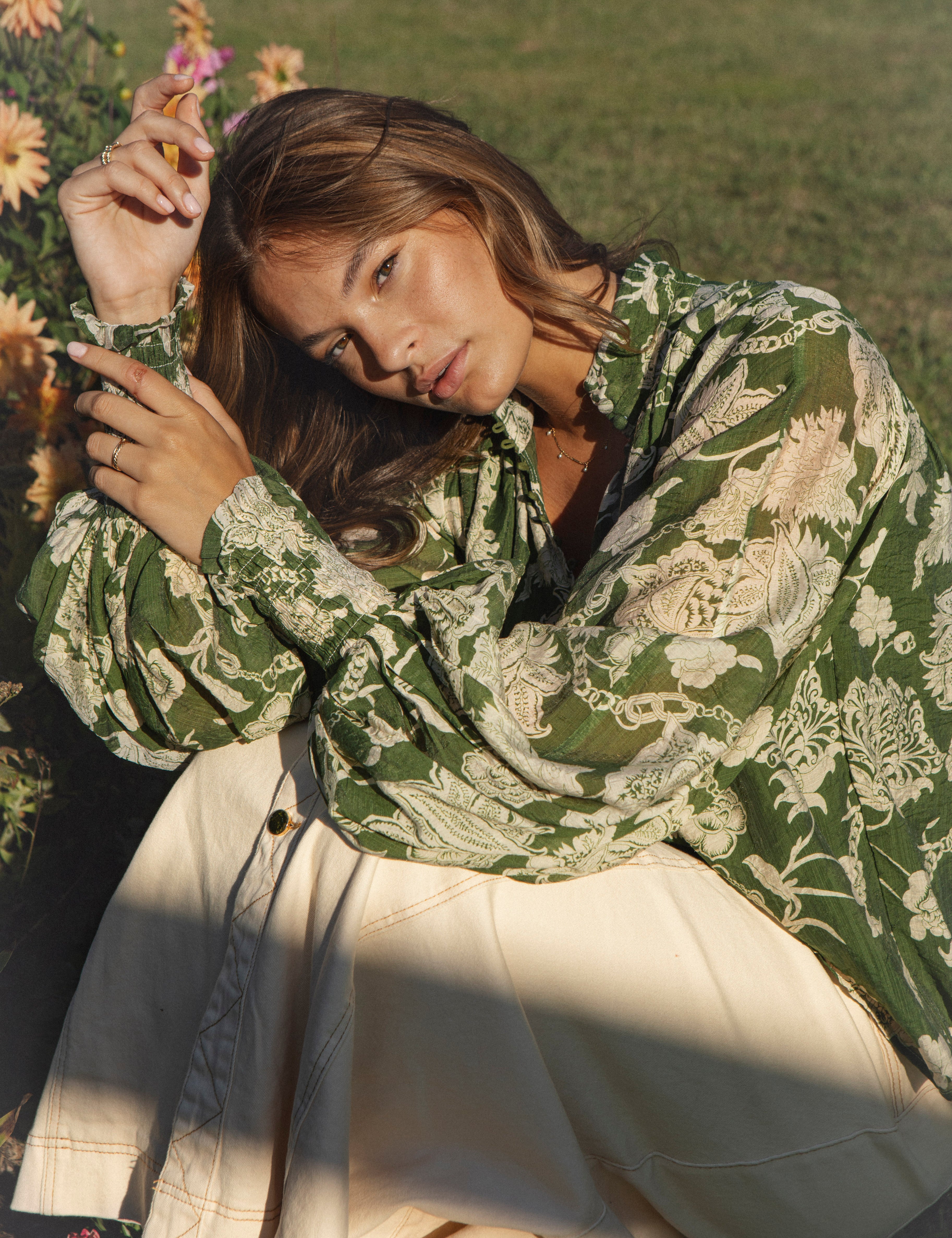 Aurora Blouse Evergreen showcaasing shirred cuff