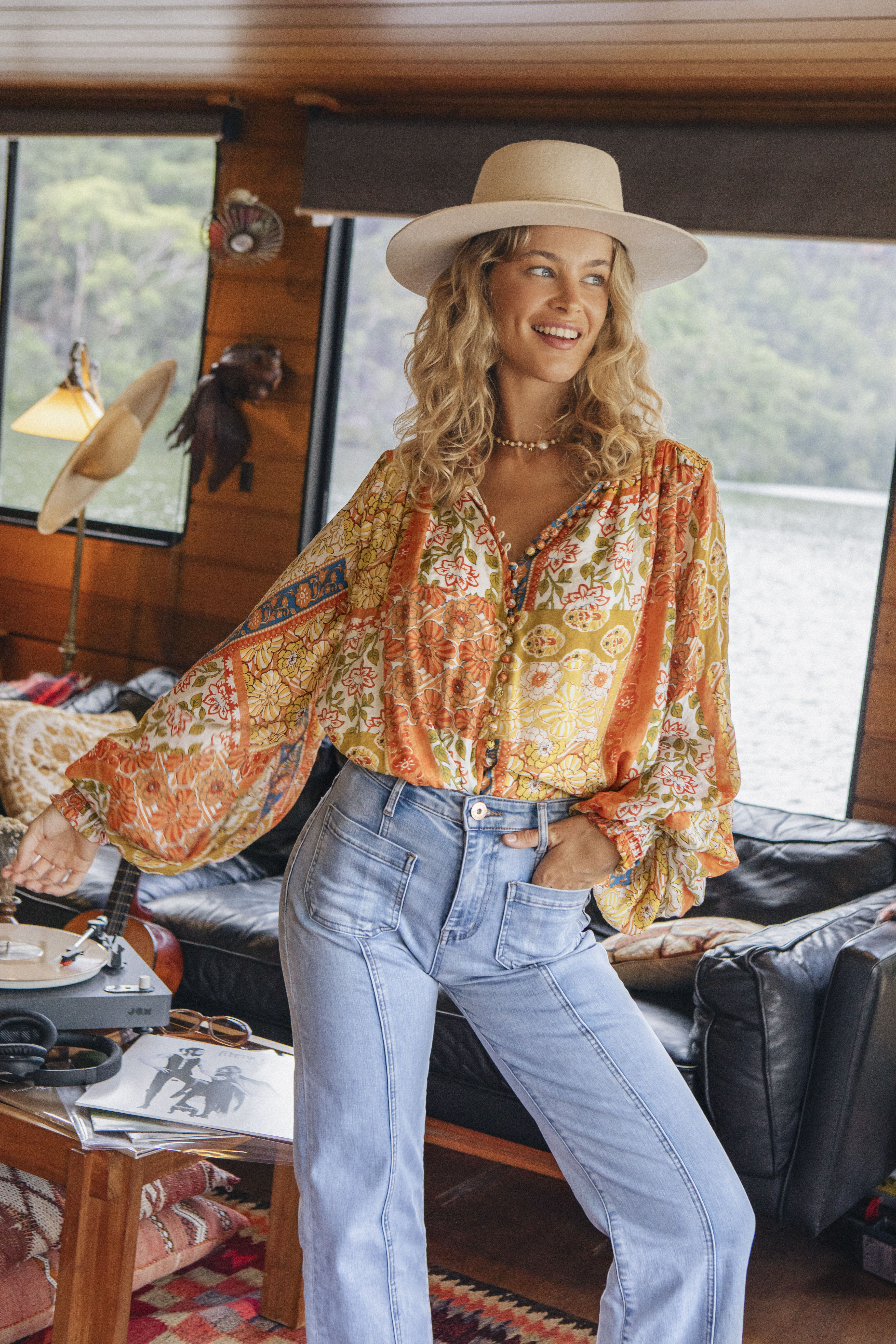 Aurora Blouse Gold Dust - Boho style blouse with billowy sleeves and floral inspired print