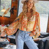 Aurora Blouse Gold Dust - Boho style blouse with billowy sleeves and floral inspired print