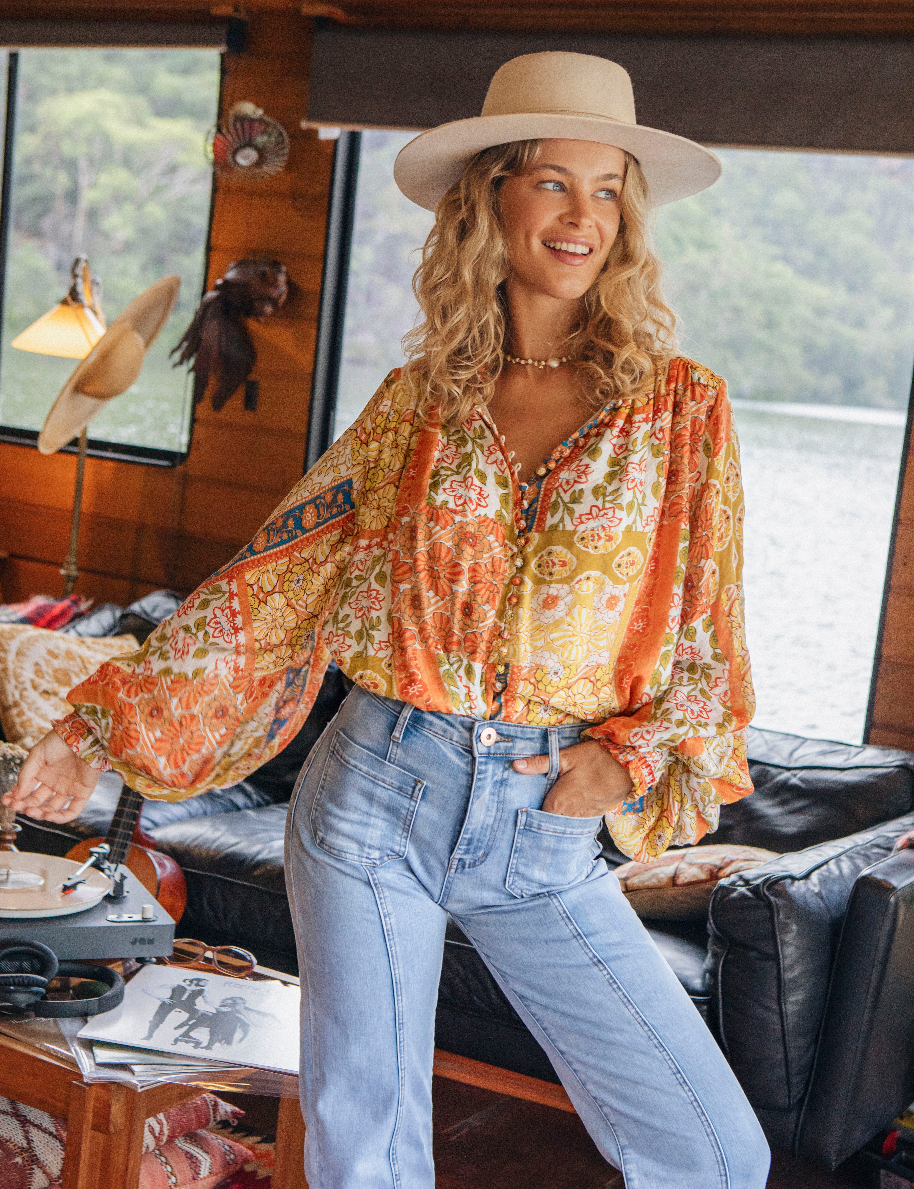 Aurora Blouse Gold Dust - Boho style blouse with billowy sleeves and floral inspired print