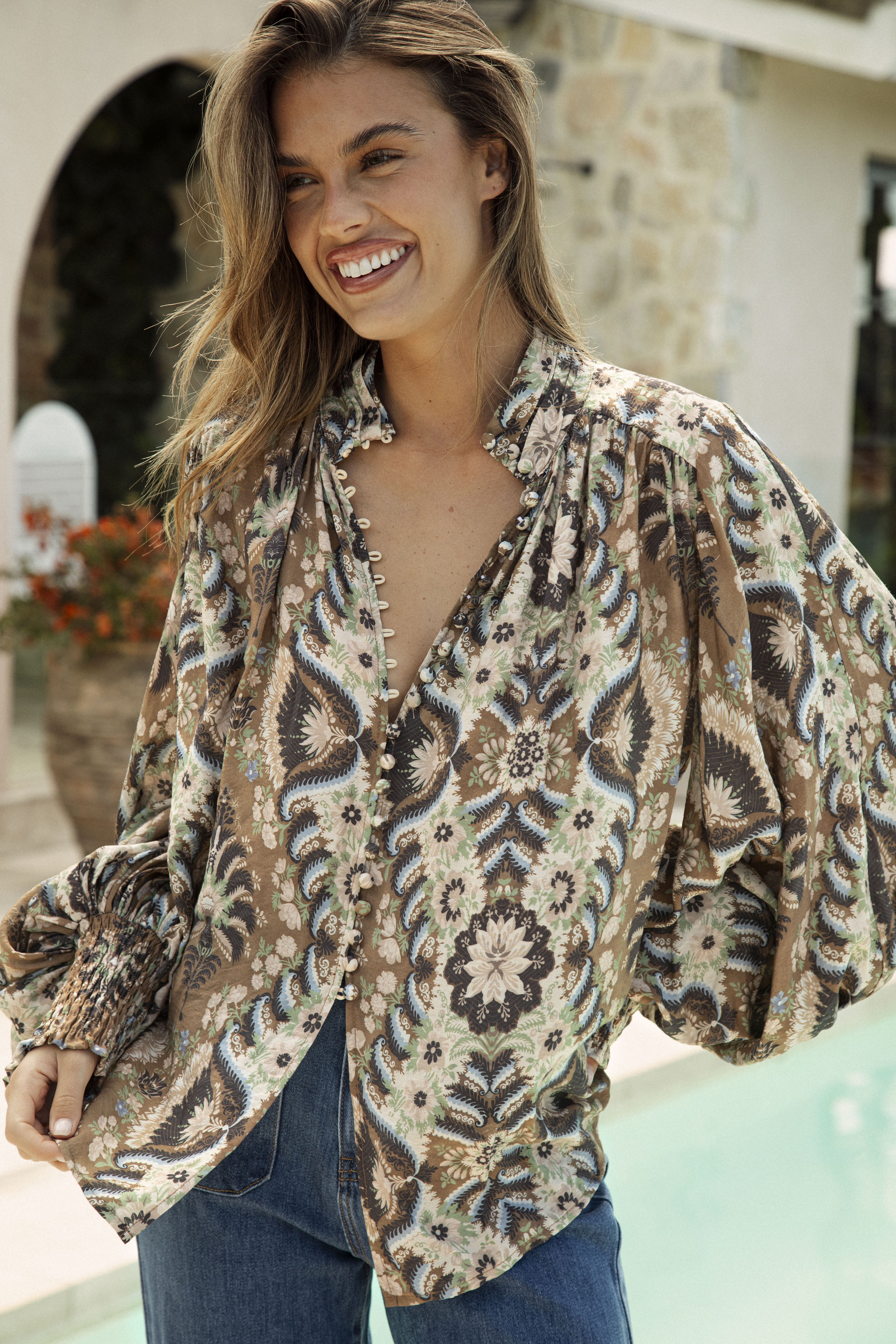 Aurora Blouse Olive - featuring billowy sleeves, elasticised cuff and stunning Boho pattern