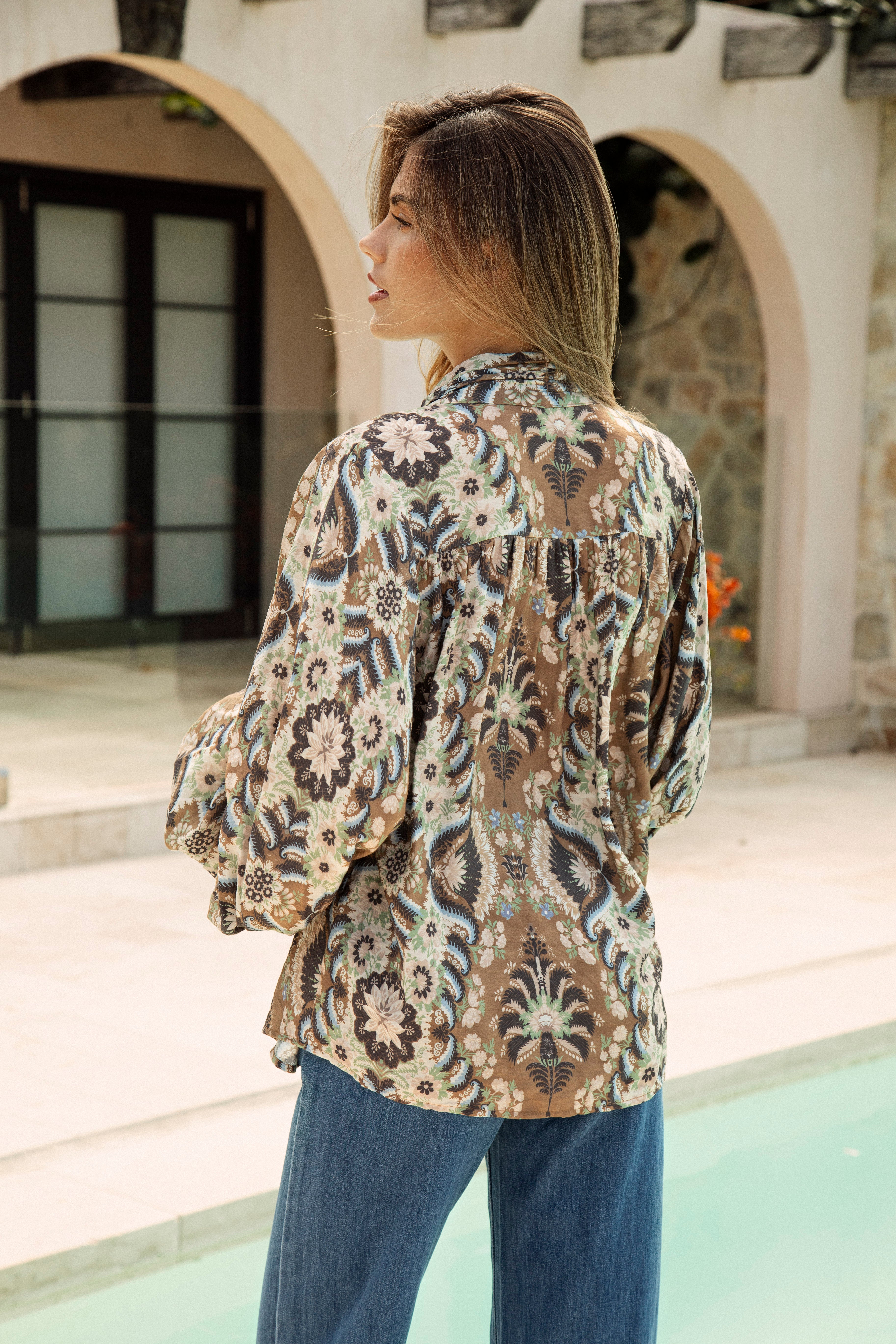 Aurora Blouse Olive - boho blouse. Rear View.