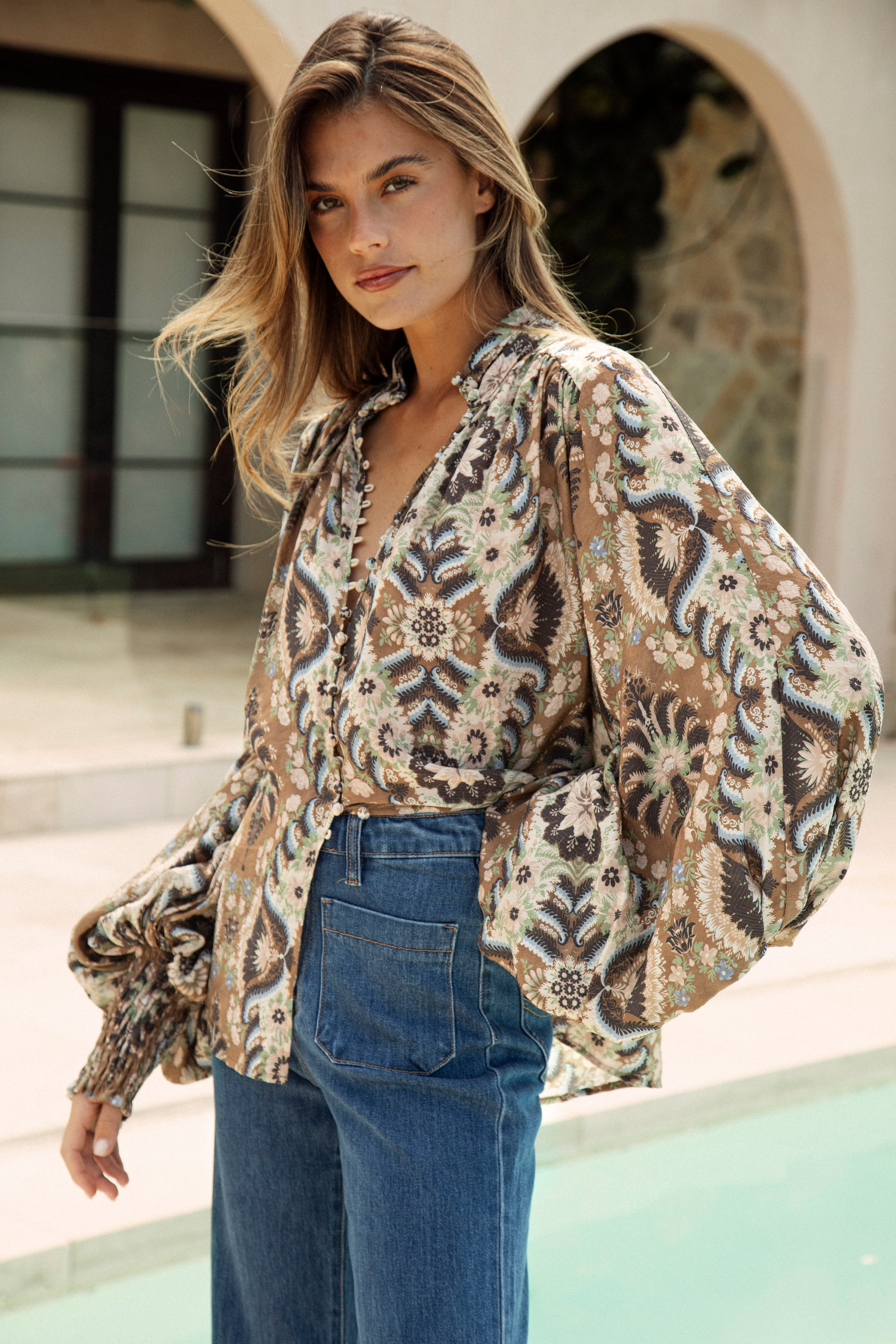 Aurora Blouse Olive featuring Bohemian inspired floral print in shades of brown. cream and sage