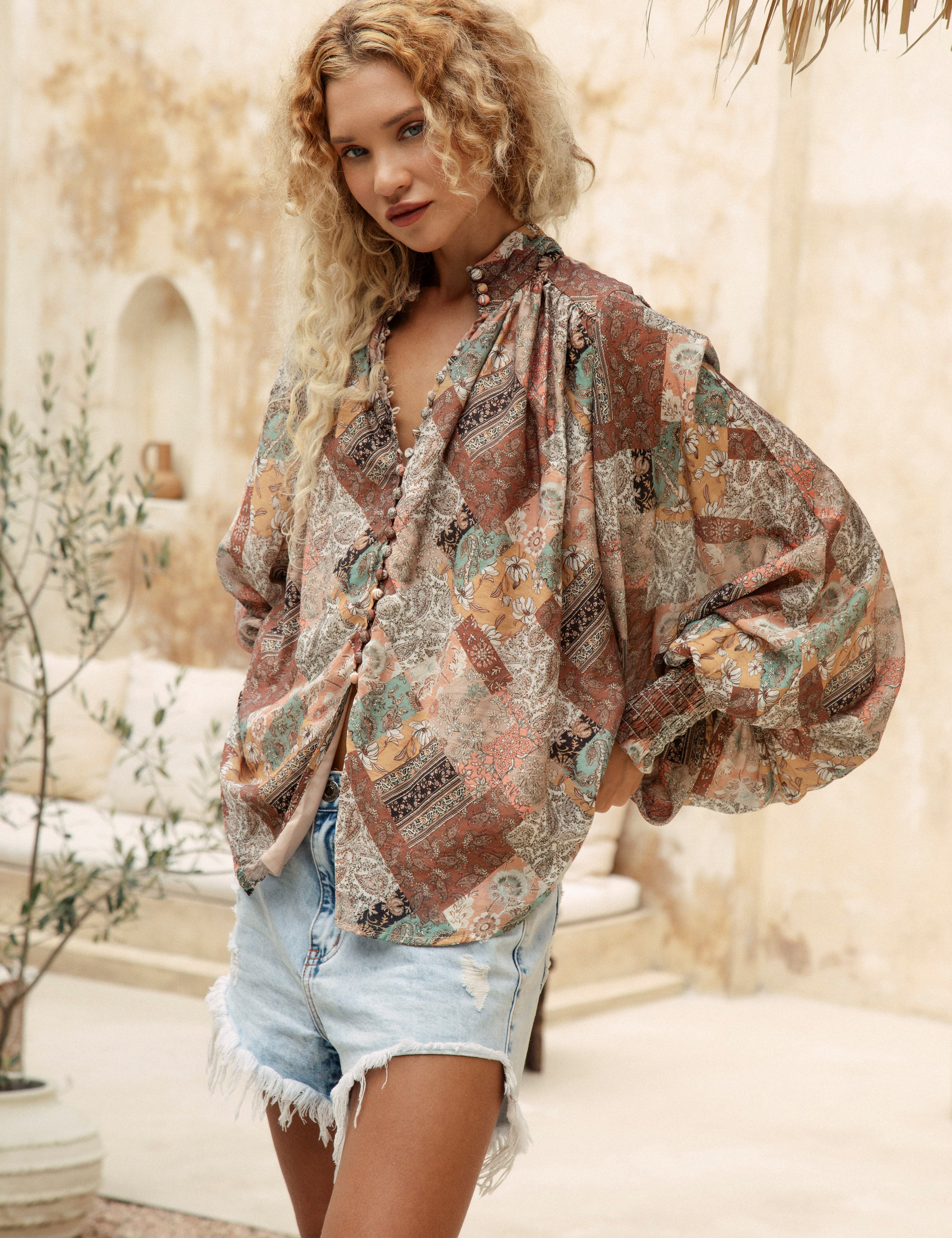Aurora Blouse - Wanderfolk features a classic Boho pattern in rustic hues