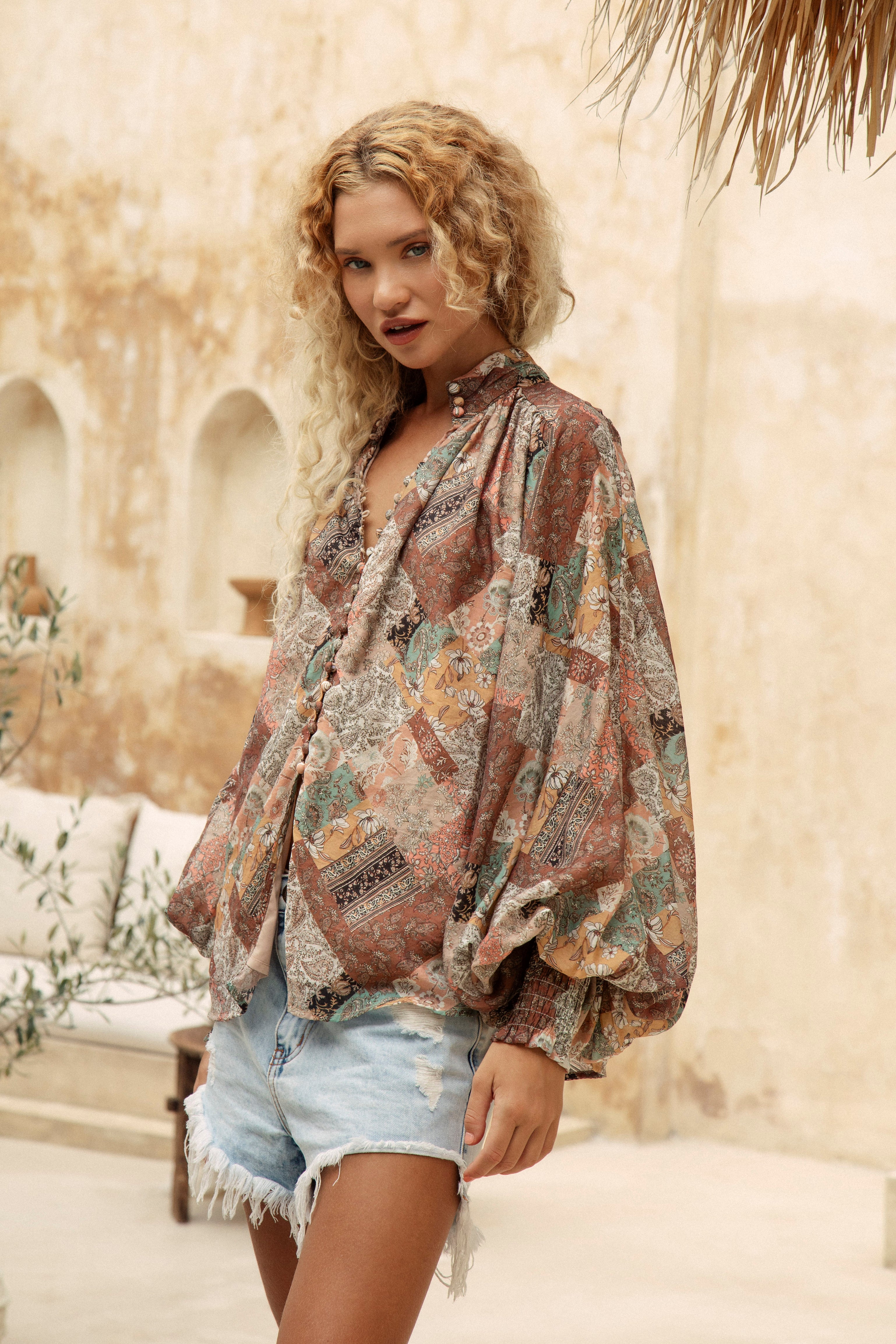 Aurora Blouse - Wanderfolk features long billowy sleeves and stand collar in classic Boho style