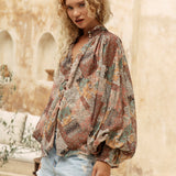Aurora Blouse - Wanderfolk features long billowy sleeves and stand collar in classic Boho style