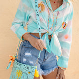 Bandana Love Cross Body Bag Aqua featuring palm tree motif and yellow tassel detail