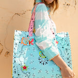 Bandana Love Tote - large tote in blue and yellow colourway with bandana pattern and peace and love motifs