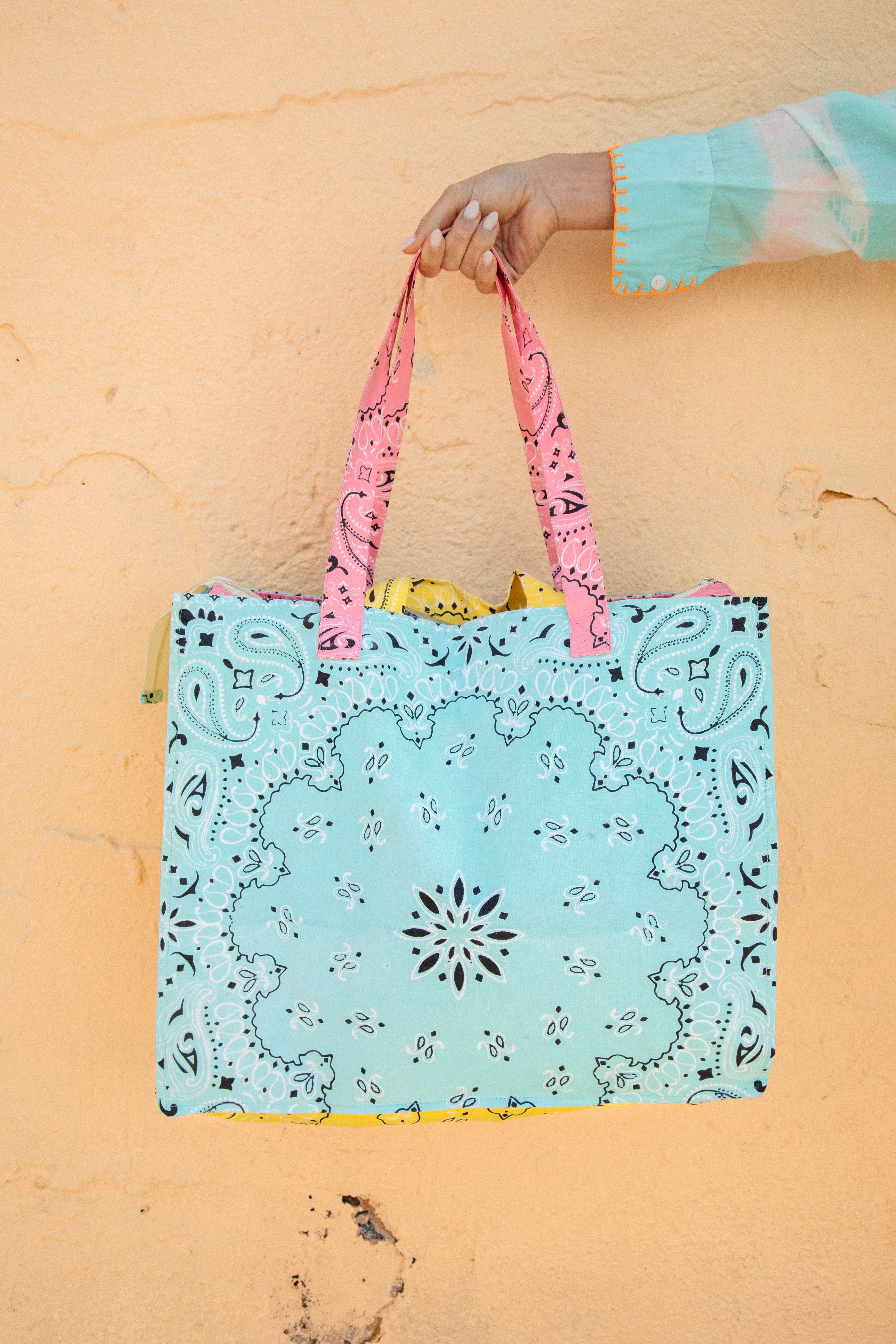 Bandana Love Tote - large tote bag in blue, yellow and pink colourway with bandana pattern