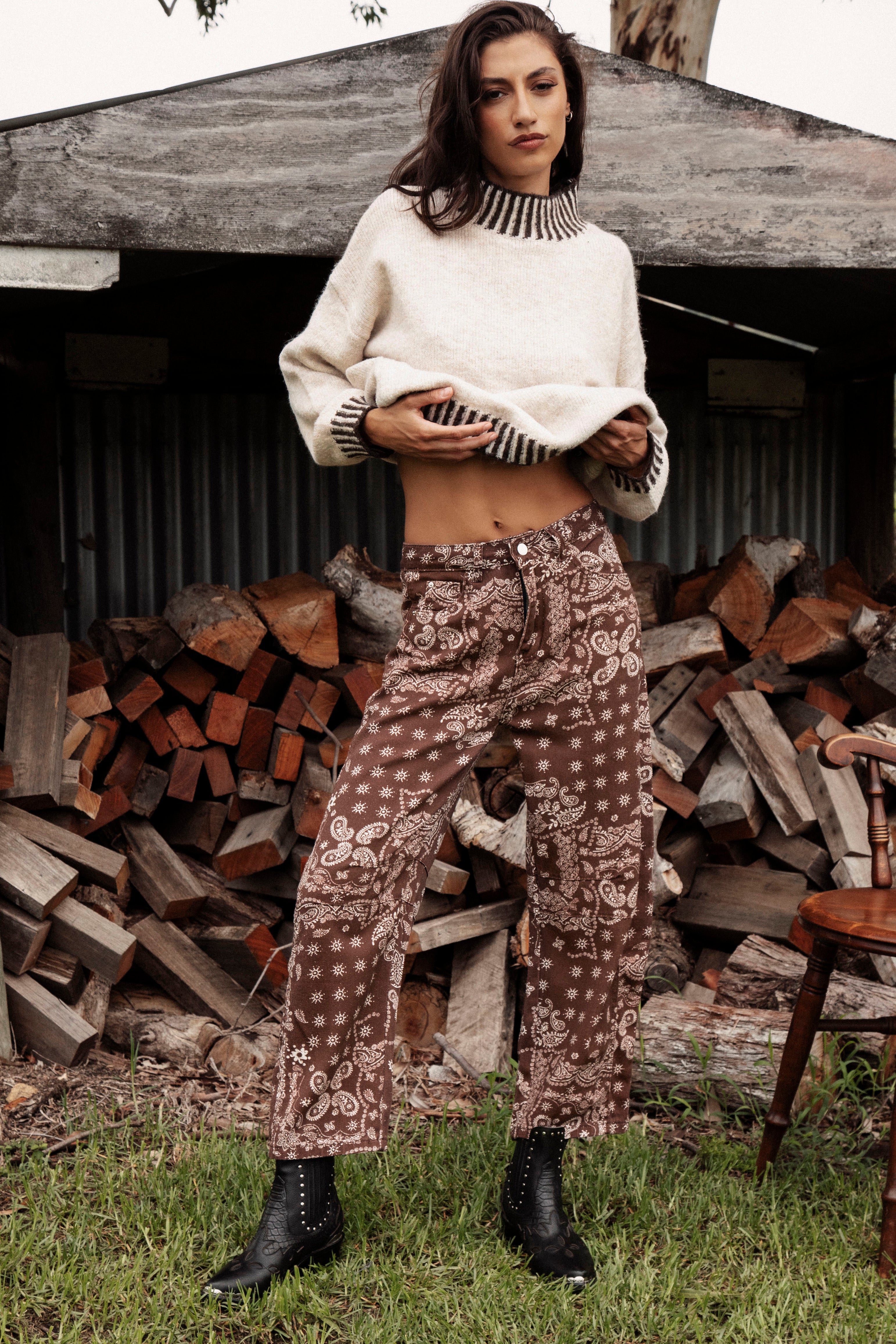 Bandit Barrel Jean features brown colourway with bandana style pattern in cream