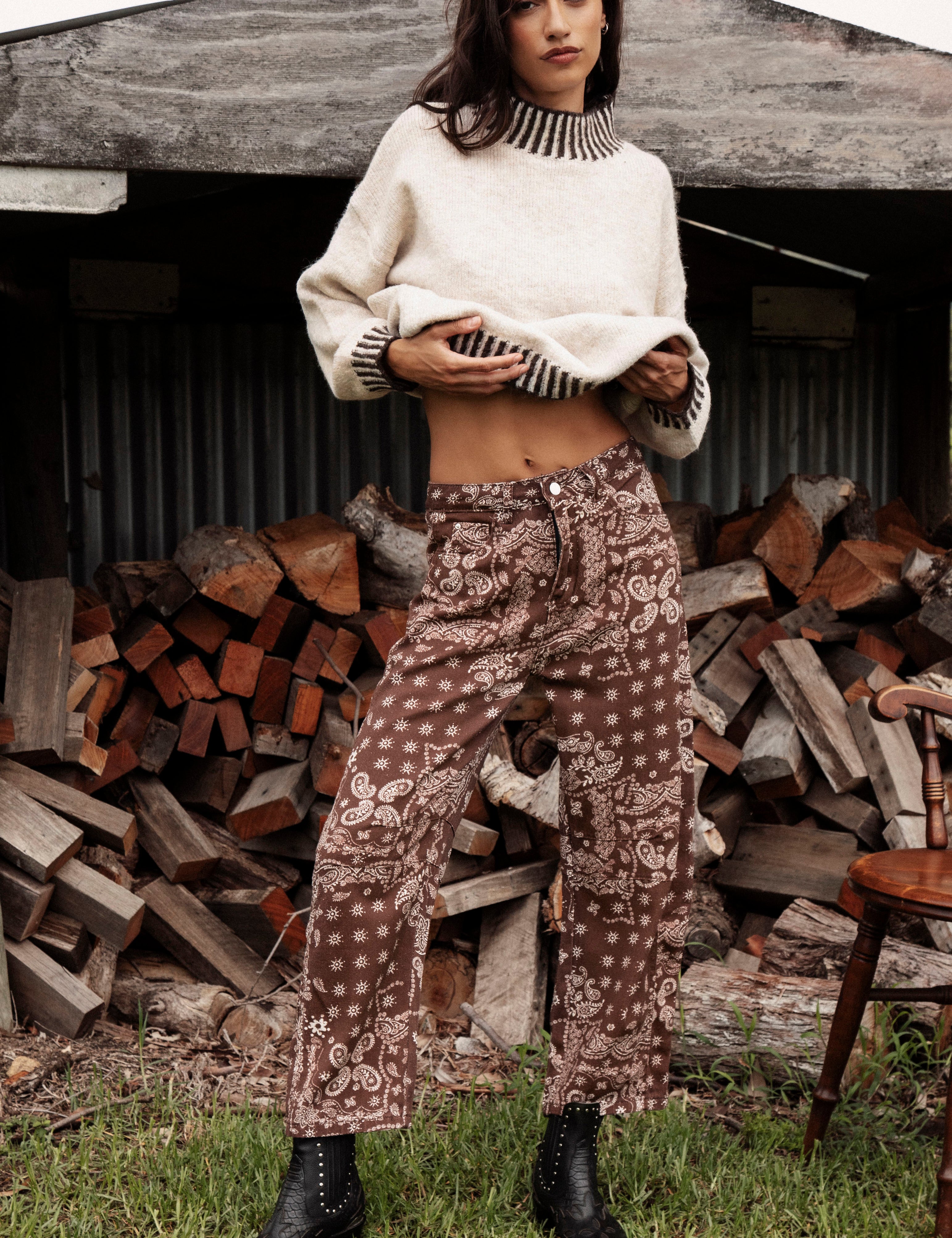 Bandit Barrel Jean features brown colourway with bandana style pattern in cream