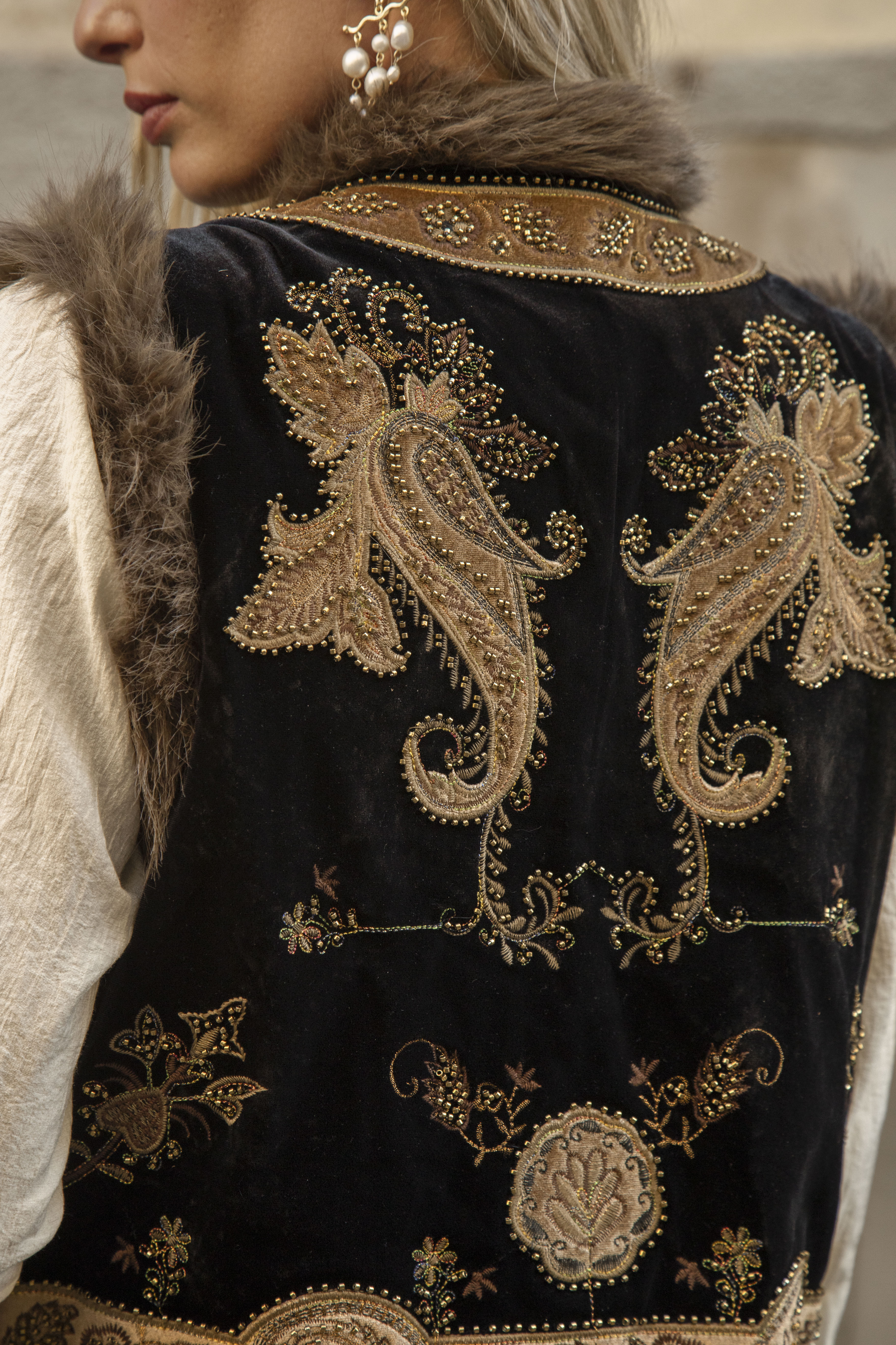 Baroque Embellished Vest - rear view showcasing embroidered paisley design