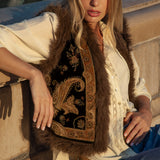 Baroque Embellished Vest featuring vintage design, embroidery and beaded elements with faux fur trim