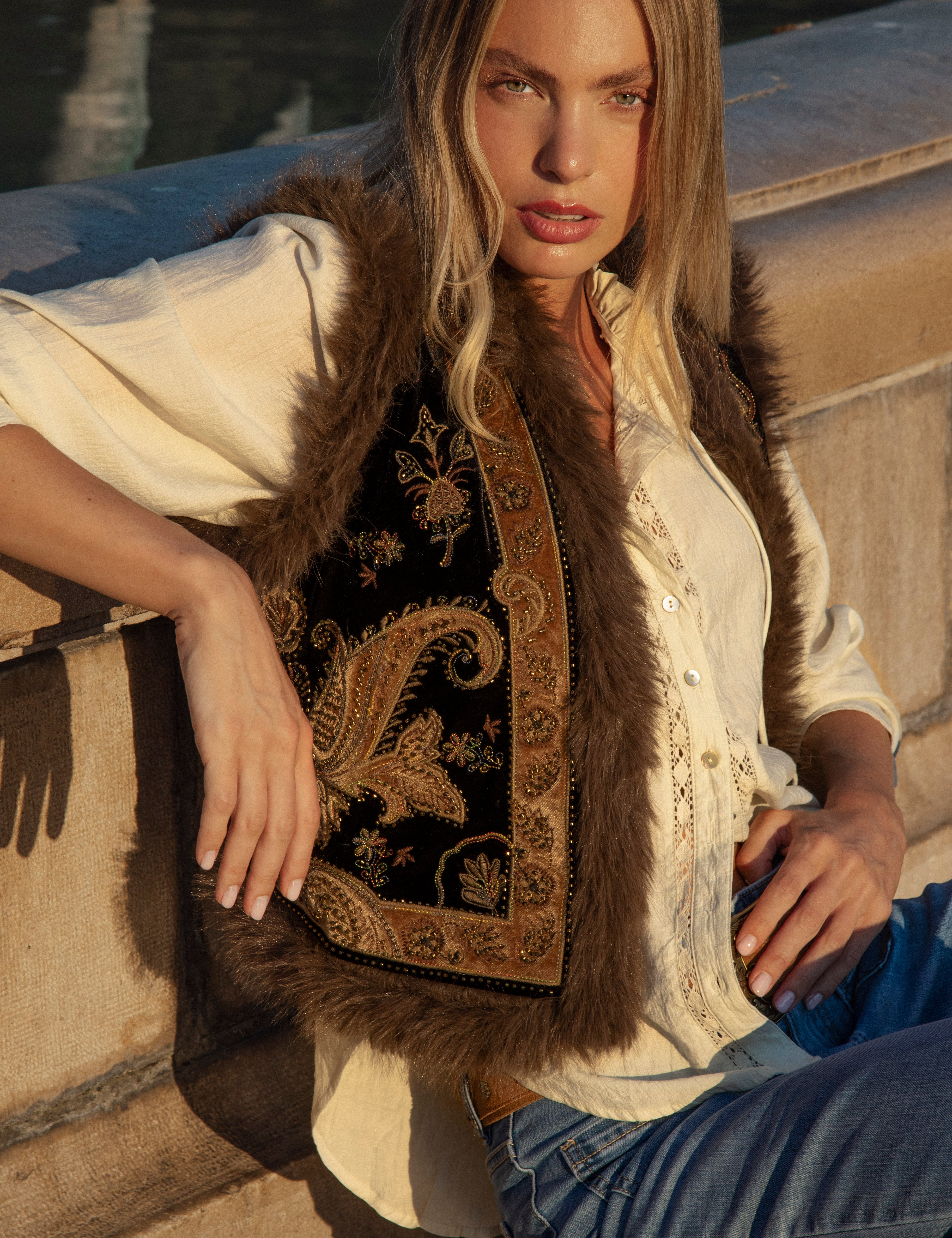 Baroque Embellished Vest featuring vintage design, embroidery and beaded elements with faux fur trim