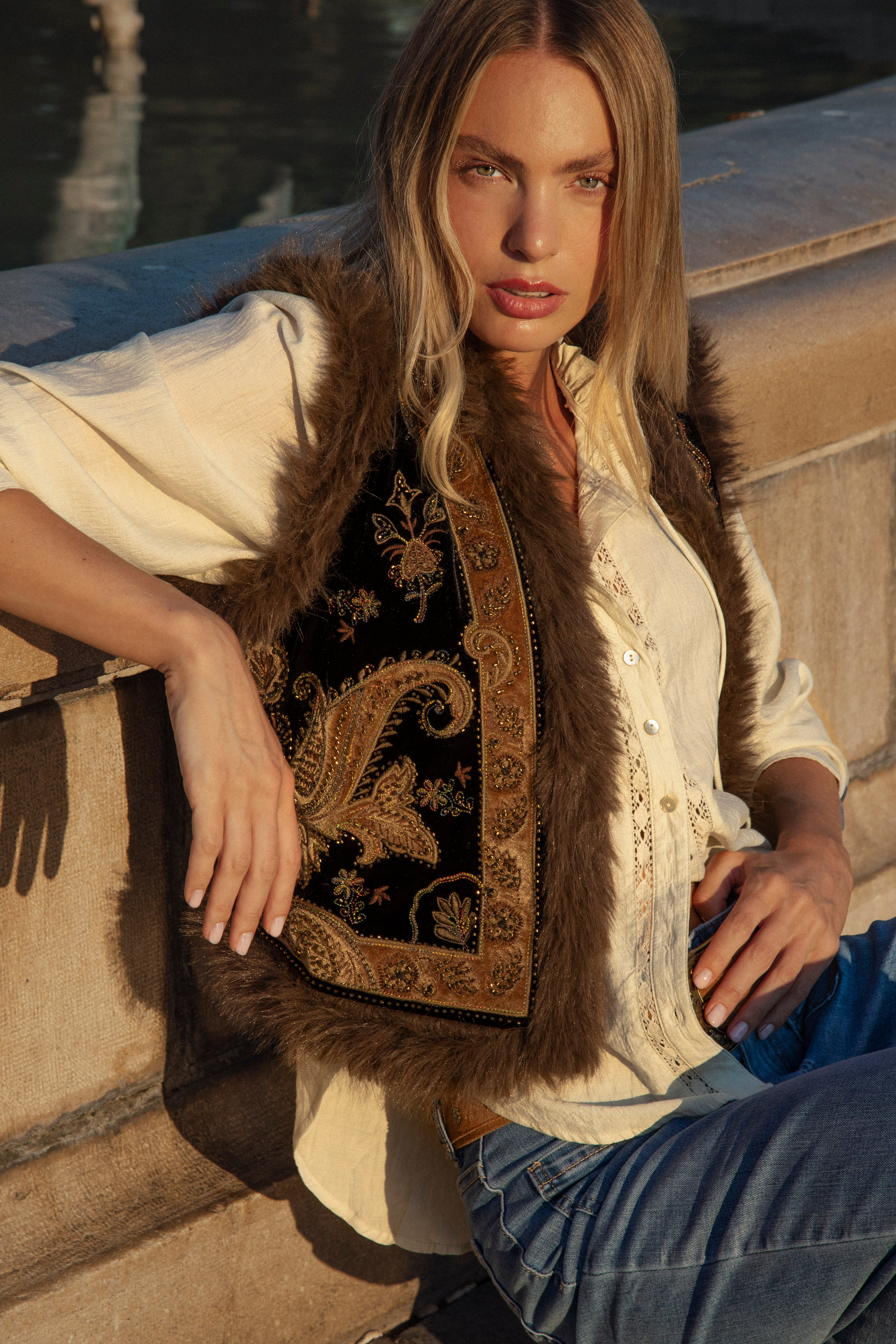 Baroque Embellished Vest featuring vintage design, embroidery and beaded elements with faux fur trim