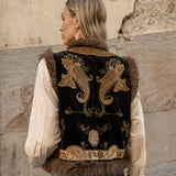Baroque Embellished Vest - rear view showcasing vintage design and faux fur trim