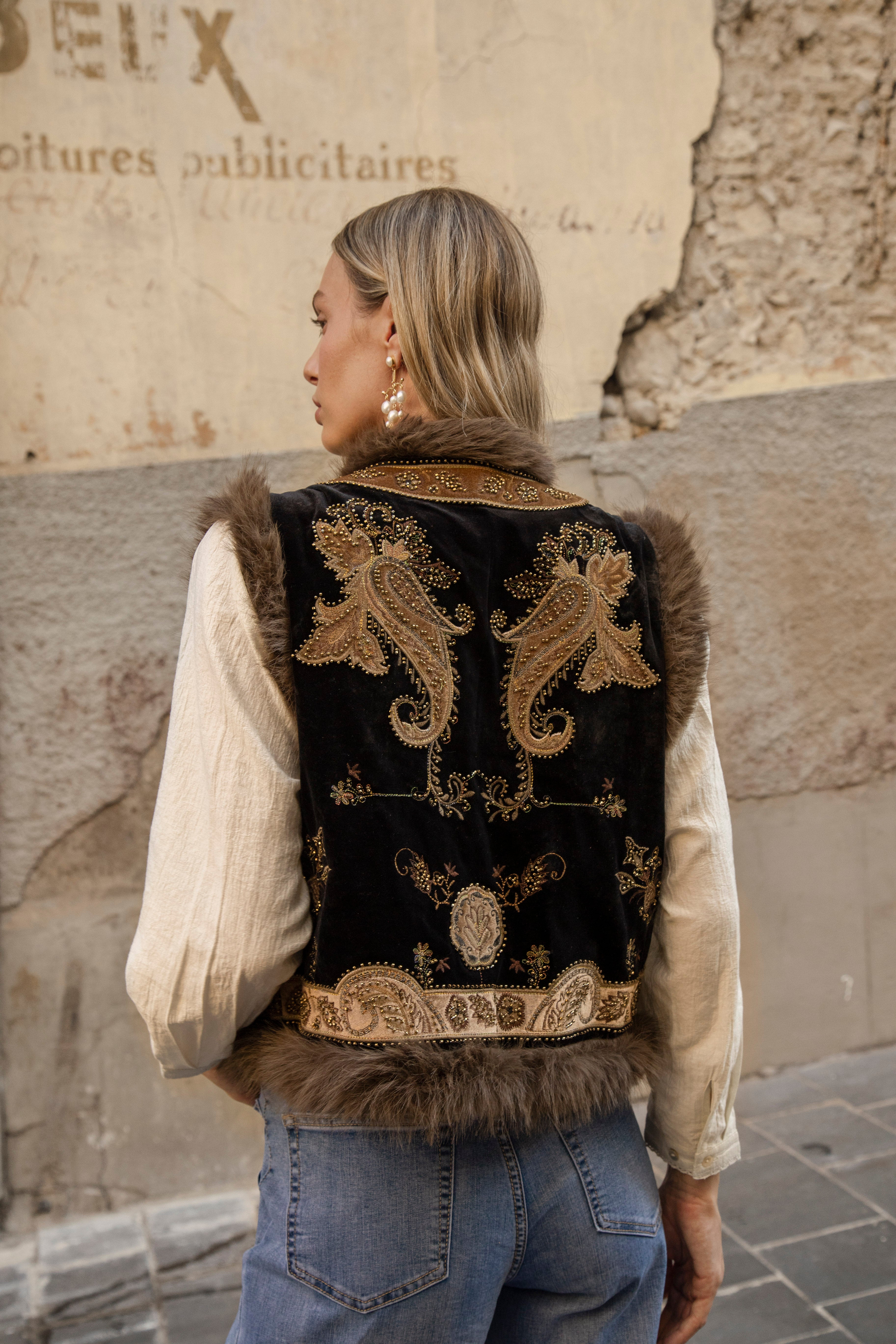 Baroque Embellished Vest - rear view showcasing vintage design and faux fur trim