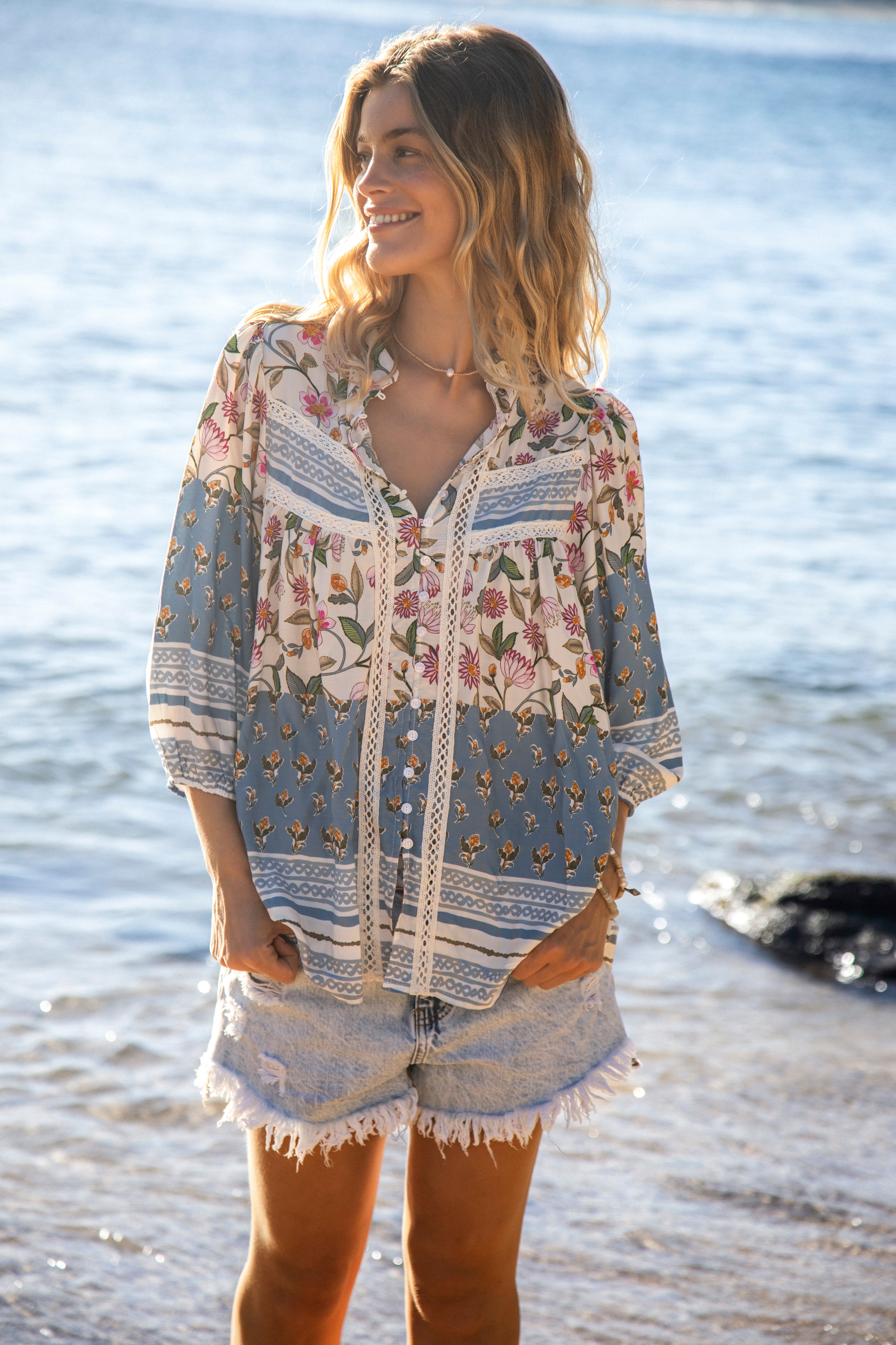 Bee Blouse Pixie Petals is a true Boho style blouse with lace detail and contrasting patterns with floral motif