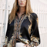Bisou Shirt features vintage inspired pattern in shades of gold on black