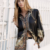 Bisou Shirt featuring button down style and ornate vintage inspired print in gold and black colourway