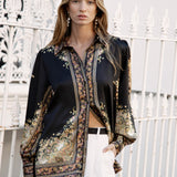 Bisou Shirt - long sleeve black blouse with ornate gold pattern