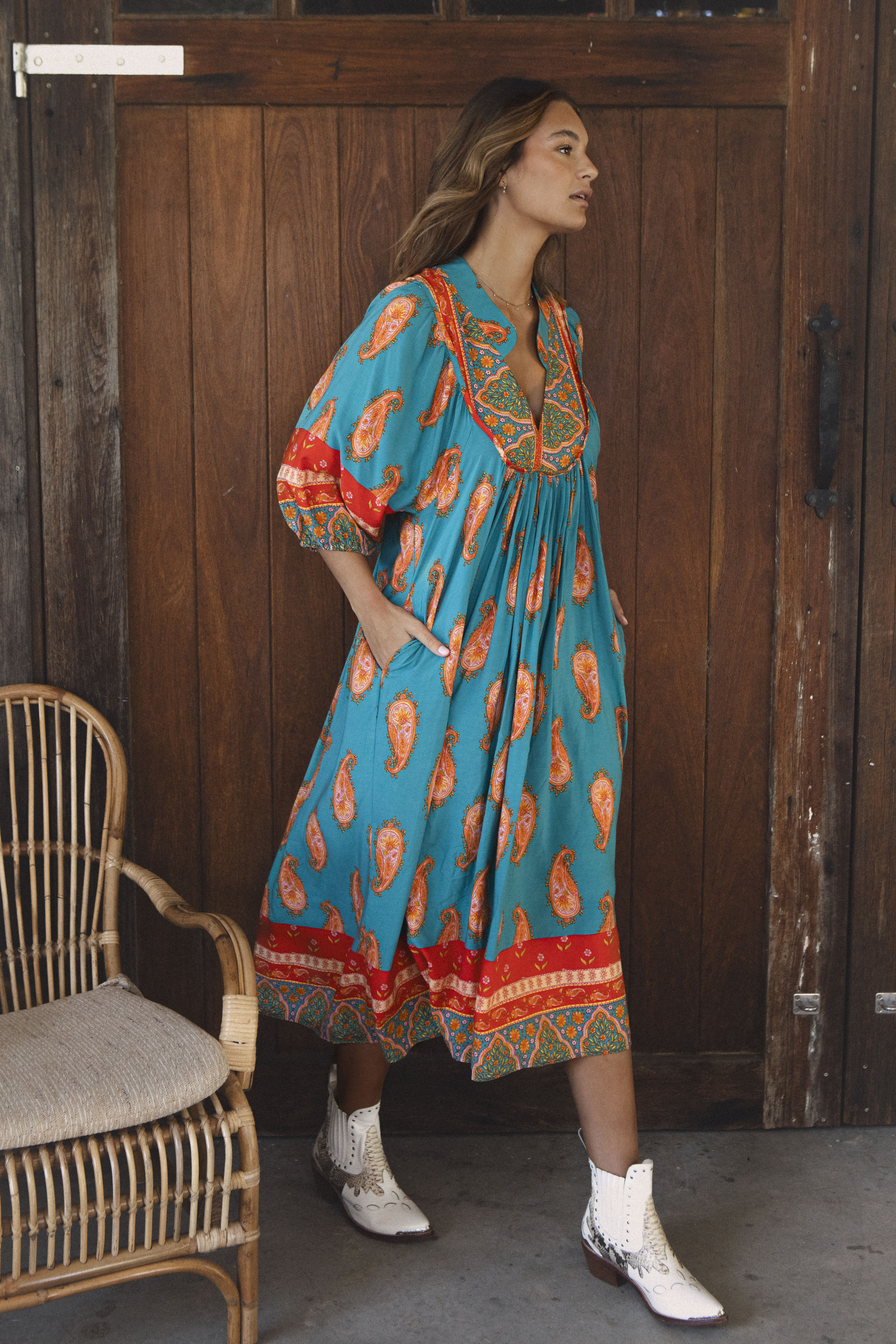 Boheme Midi Dress in Melody pattern - Vibrant aqua and orange colourway with Boho style.