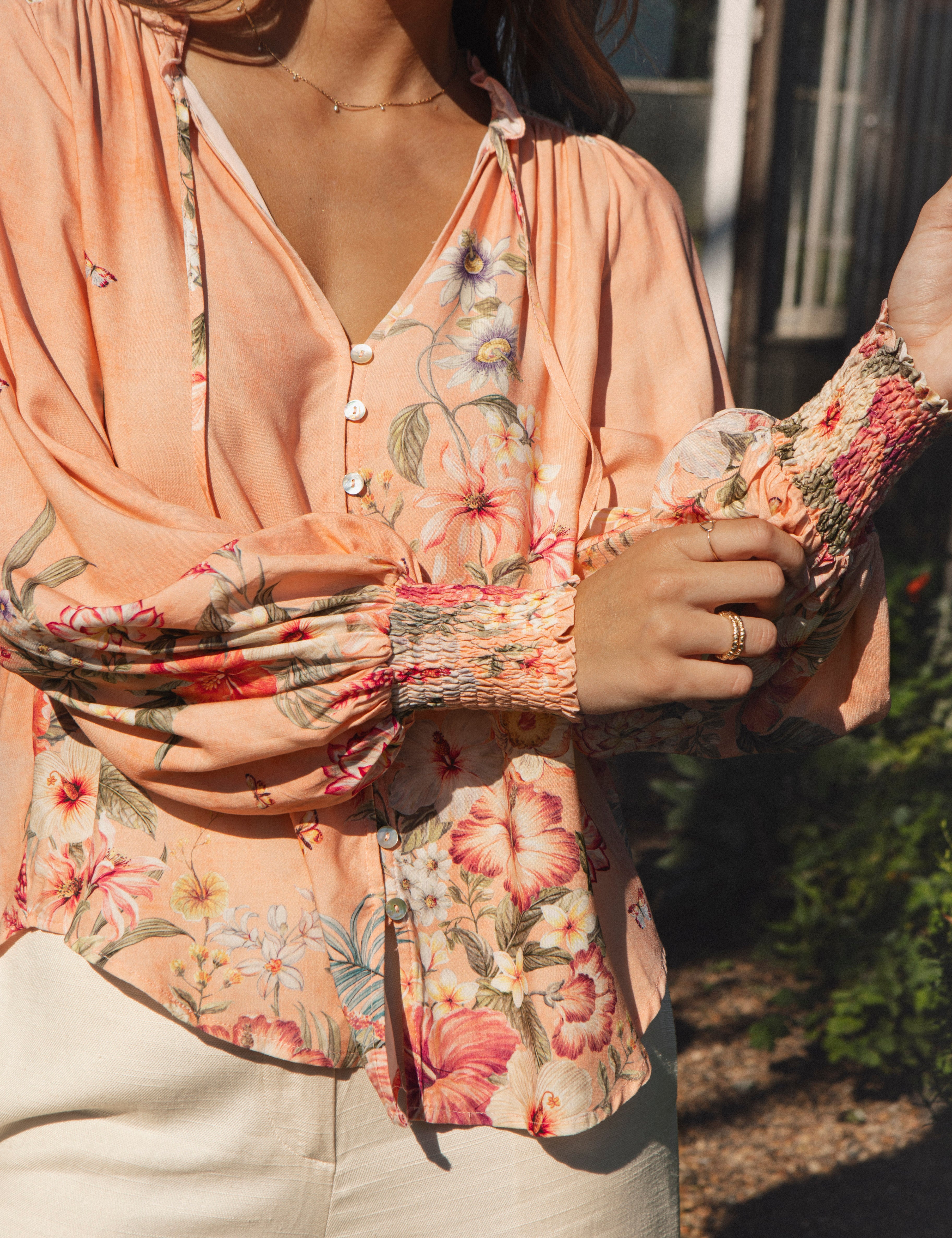 Bouquet Blouse featuring shirred cuff detail