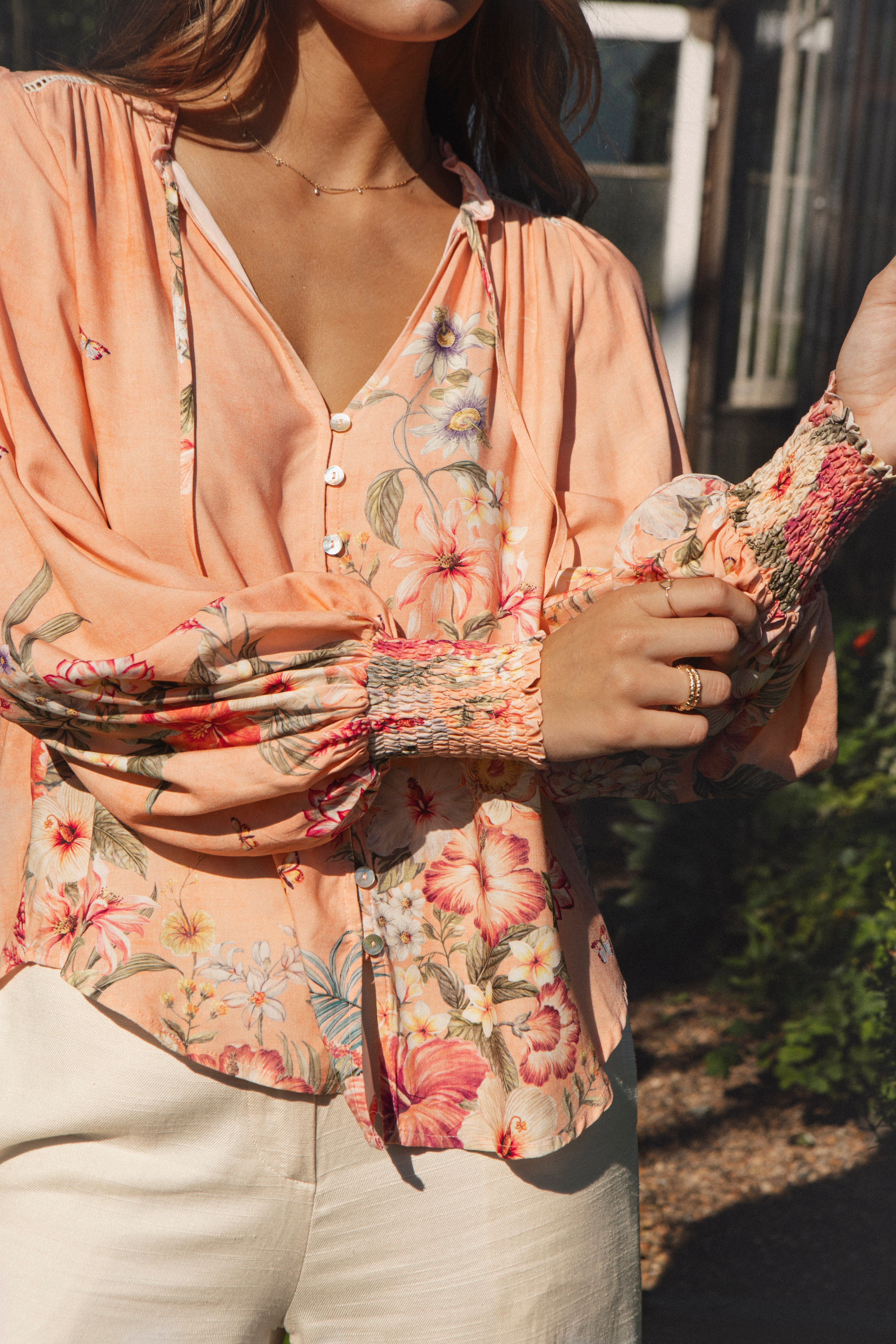 Bouquet Blouse featuring shirred cuff detail