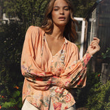 Bouquet Blouse - beautiful button down blouse with tie neck detail in peachy floral colourway.
