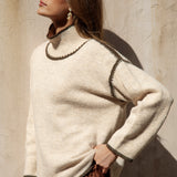  showcasing high neckline and oversized fit