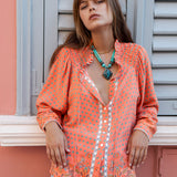 Calypso Blouse Elysian - Boho blouse on orange colourway with aqua pattern