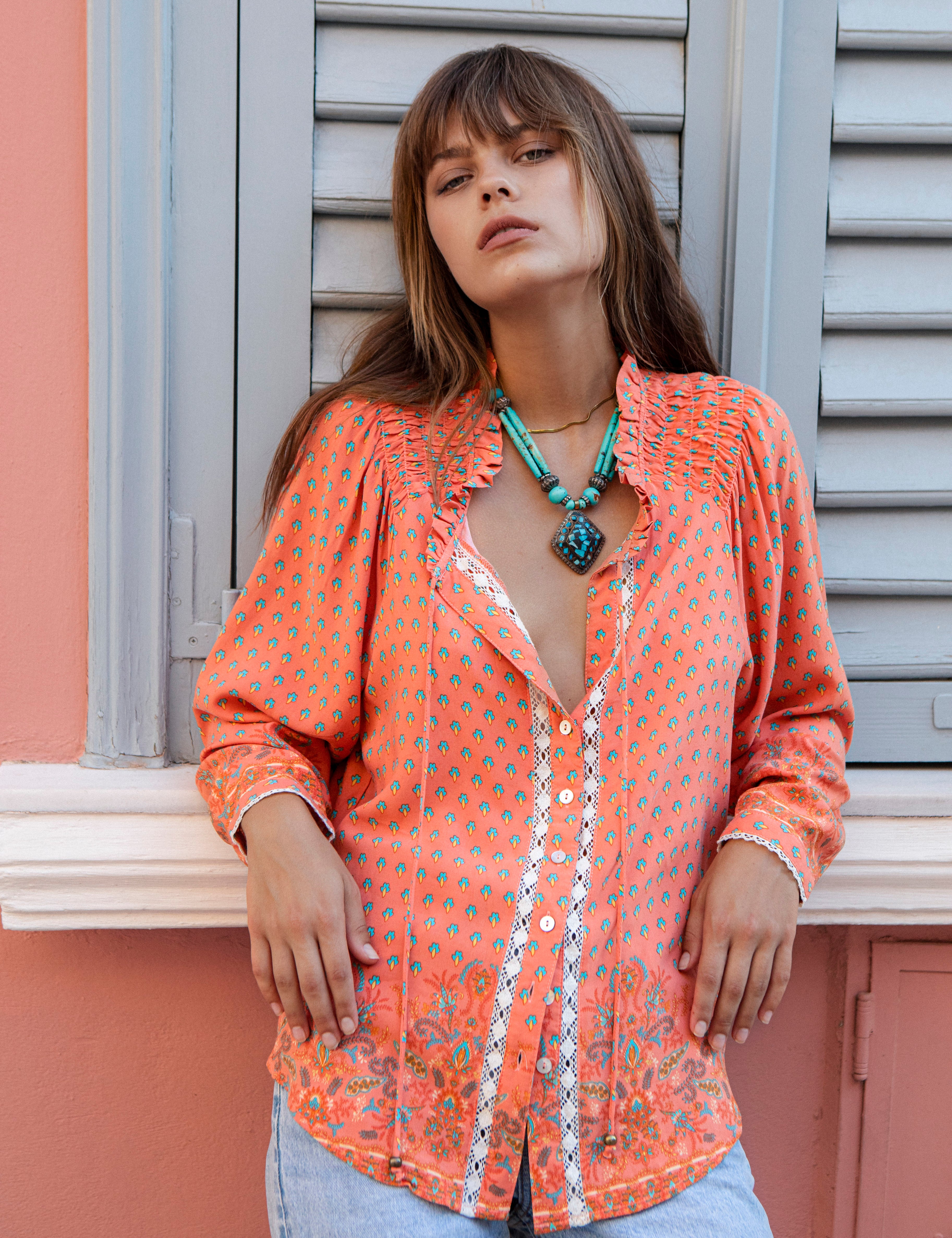Calypso Blouse Elysian - Boho blouse on orange colourway with aqua pattern
