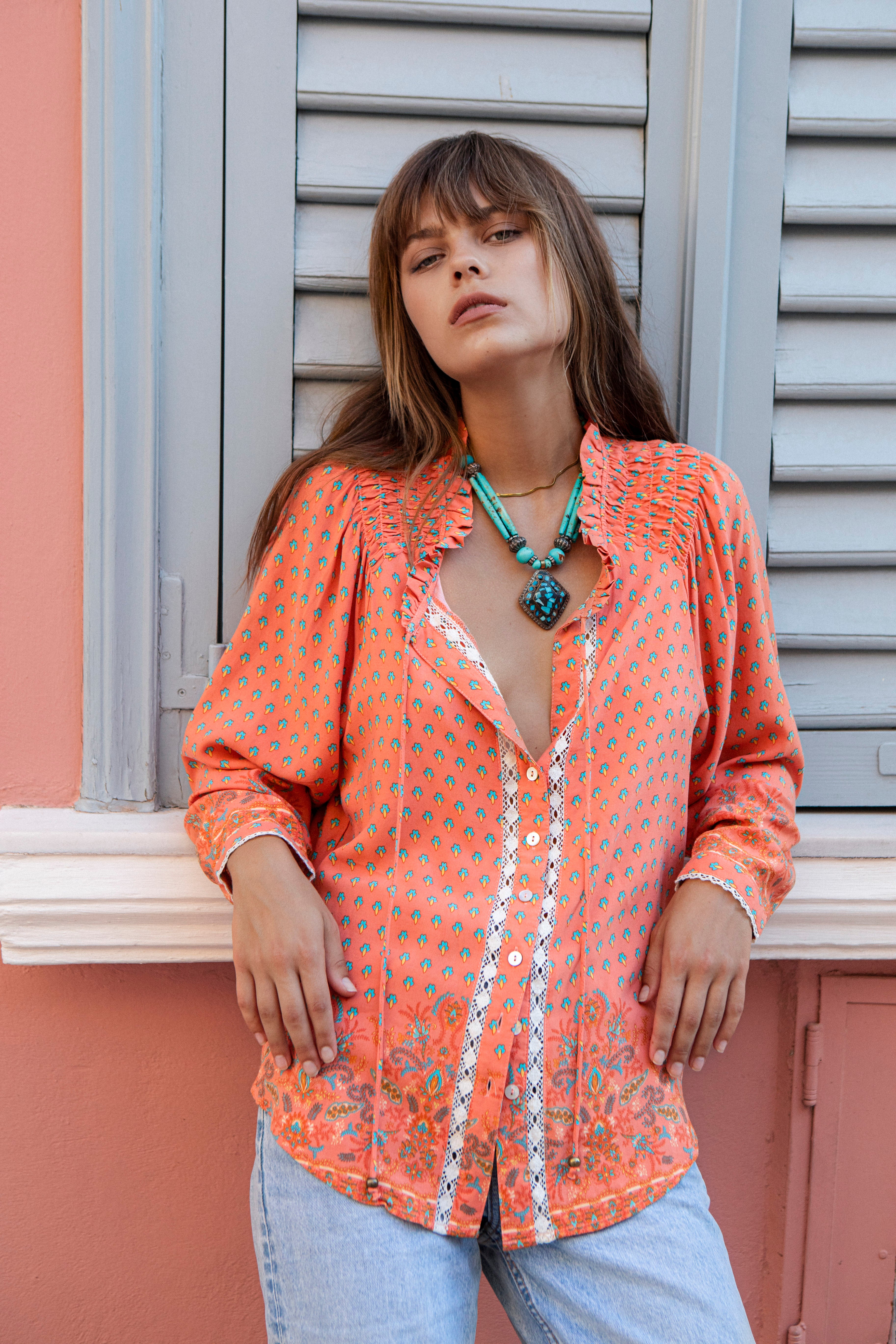 Calypso Blouse Elysian - Boho blouse on orange colourway with aqua pattern