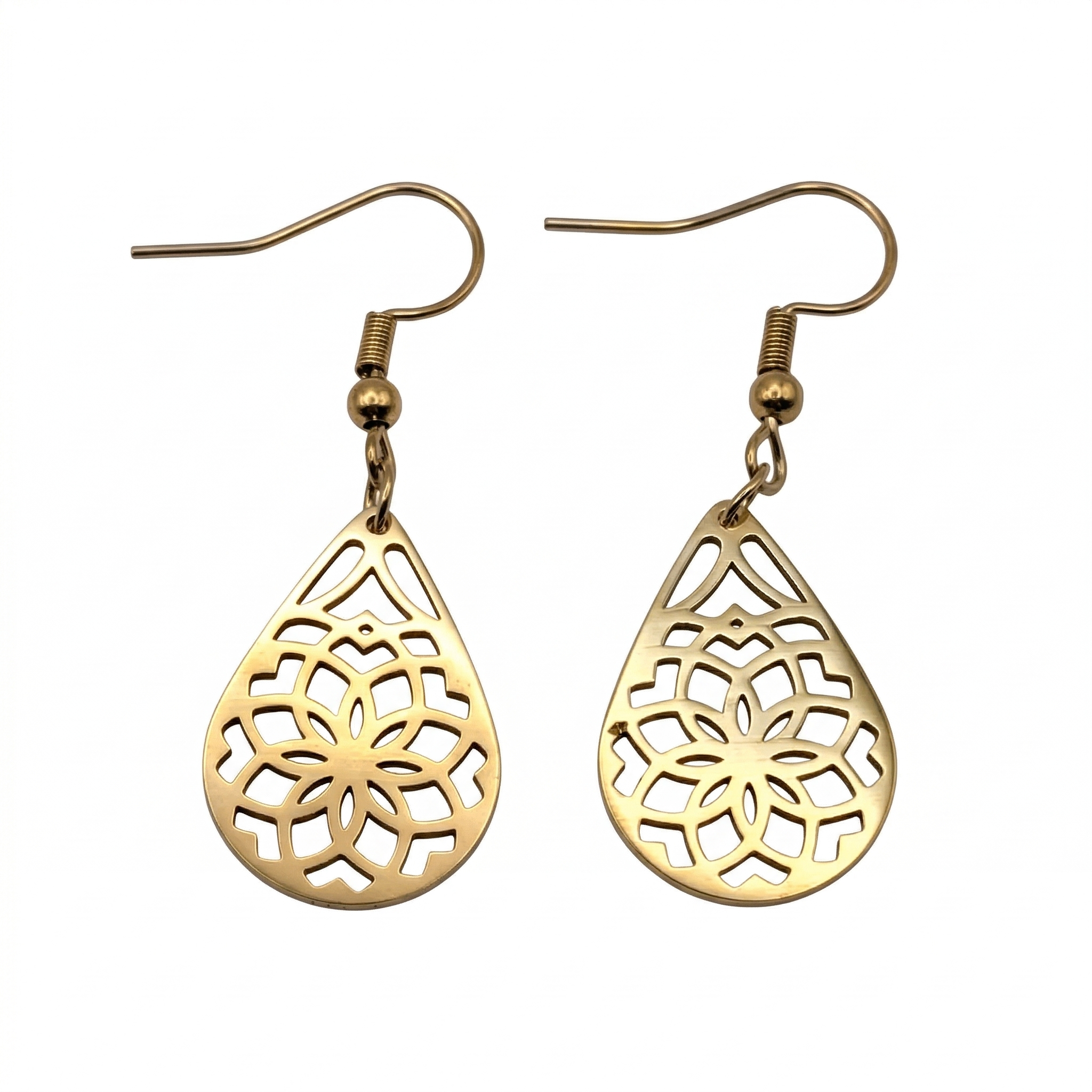 Gold teardrop-shaped earrings with intricate designs on a white background