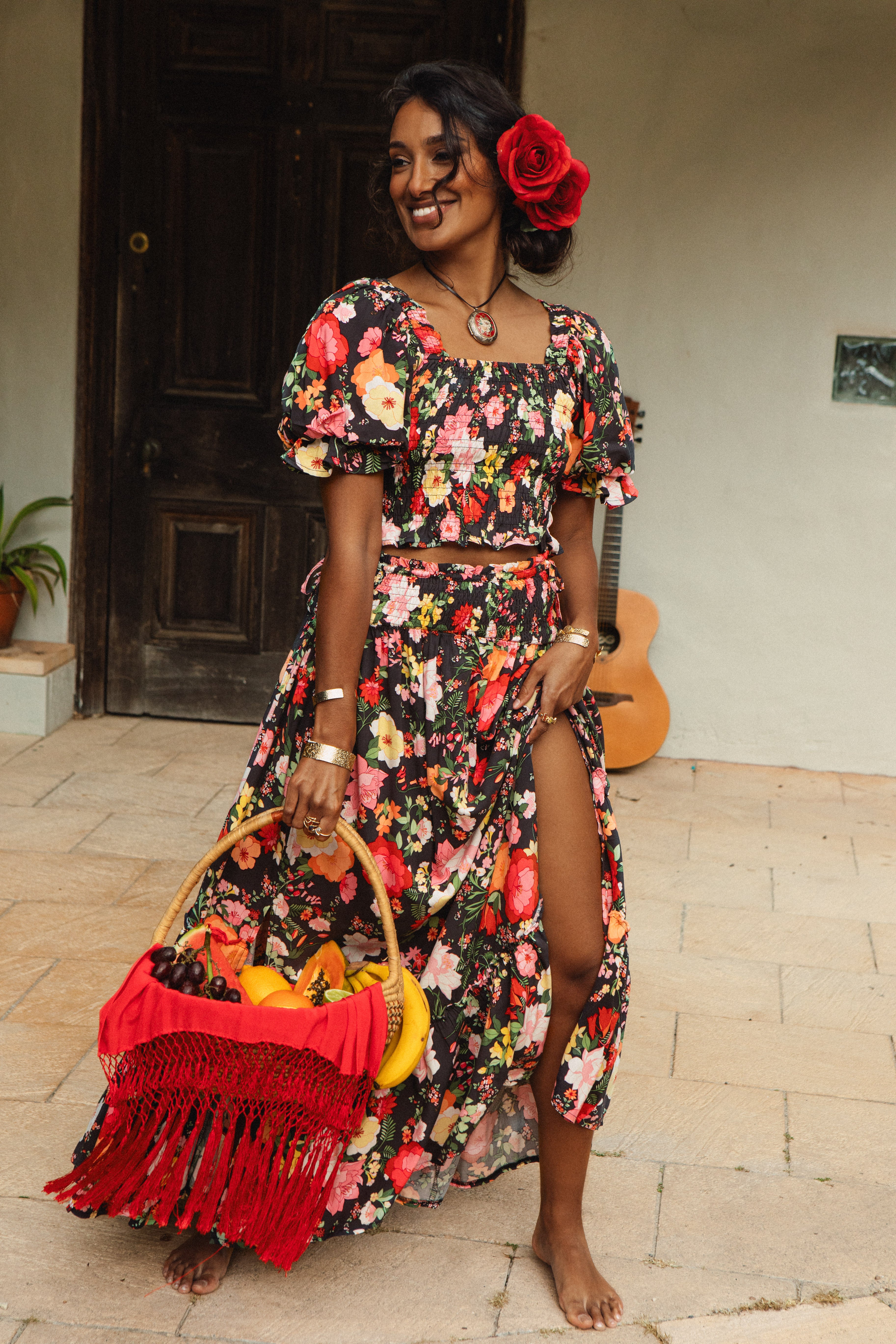 Camila Skirt Flamenco showcasing shirred waist and side split