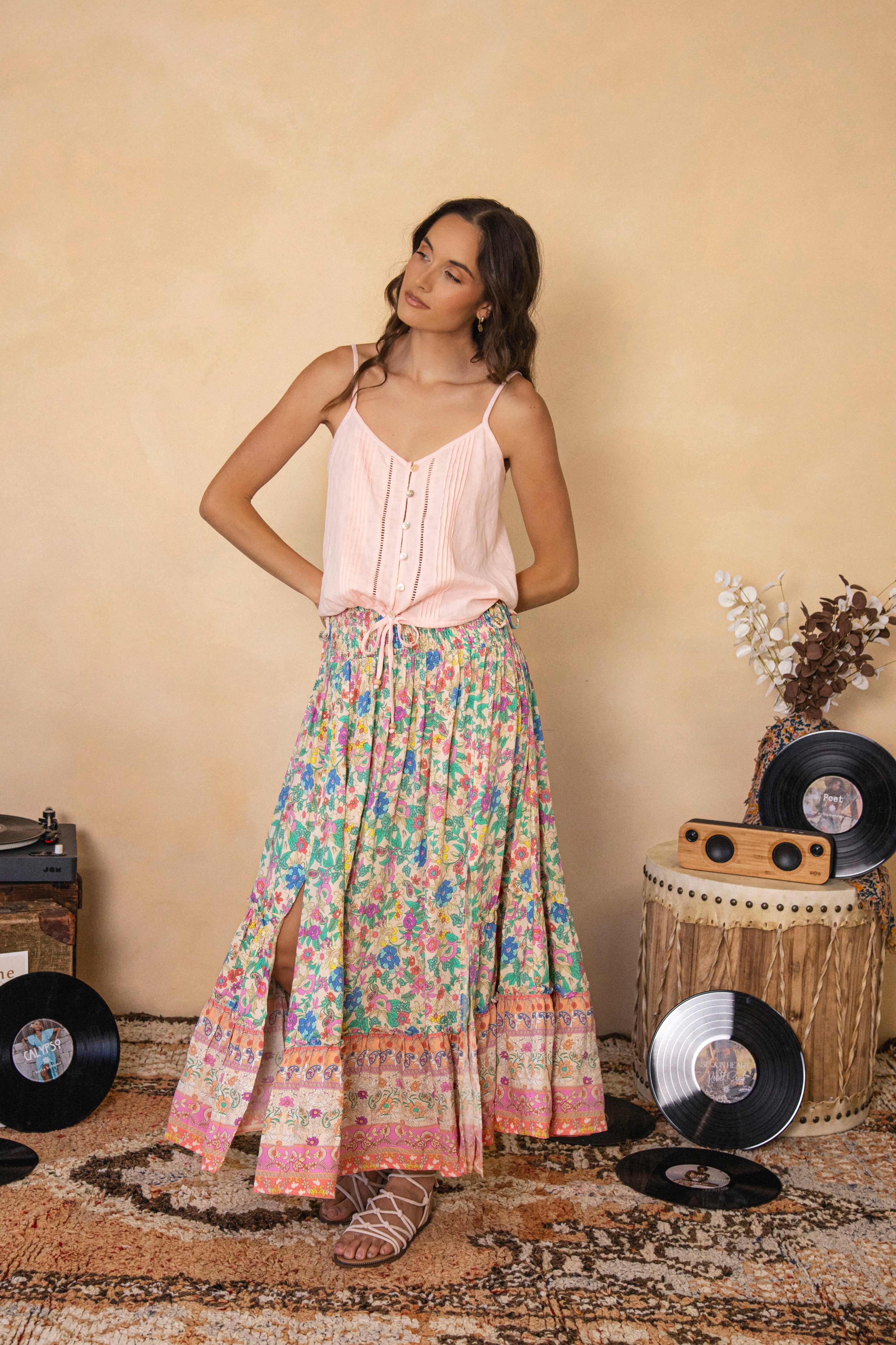 Camila Skirt  Poet Boho style skirt with floral pattern and contrast trim