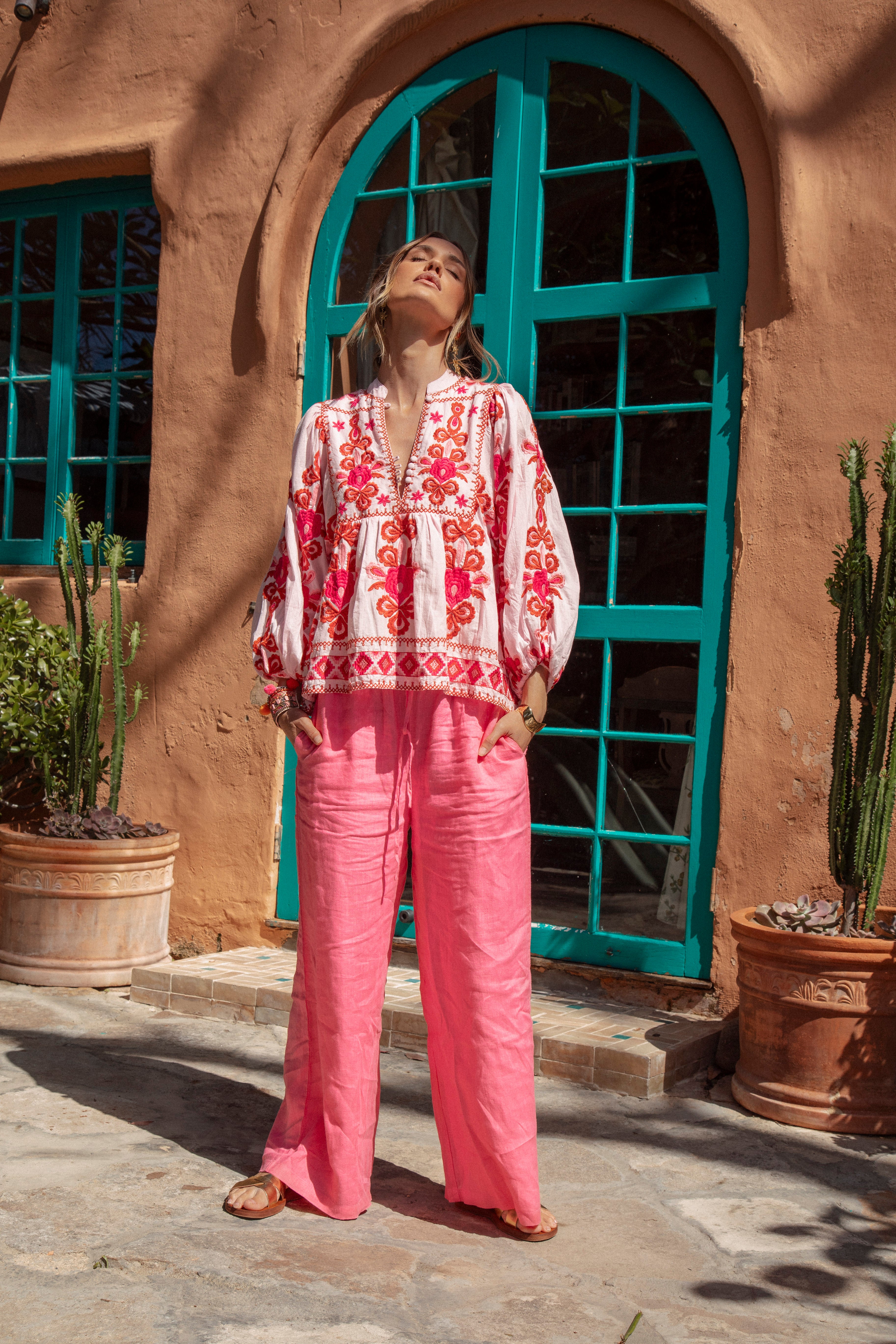 Cantina Embroidered Blouse long sleeve lightweight blouse featuring Boho inspired embroidery detail