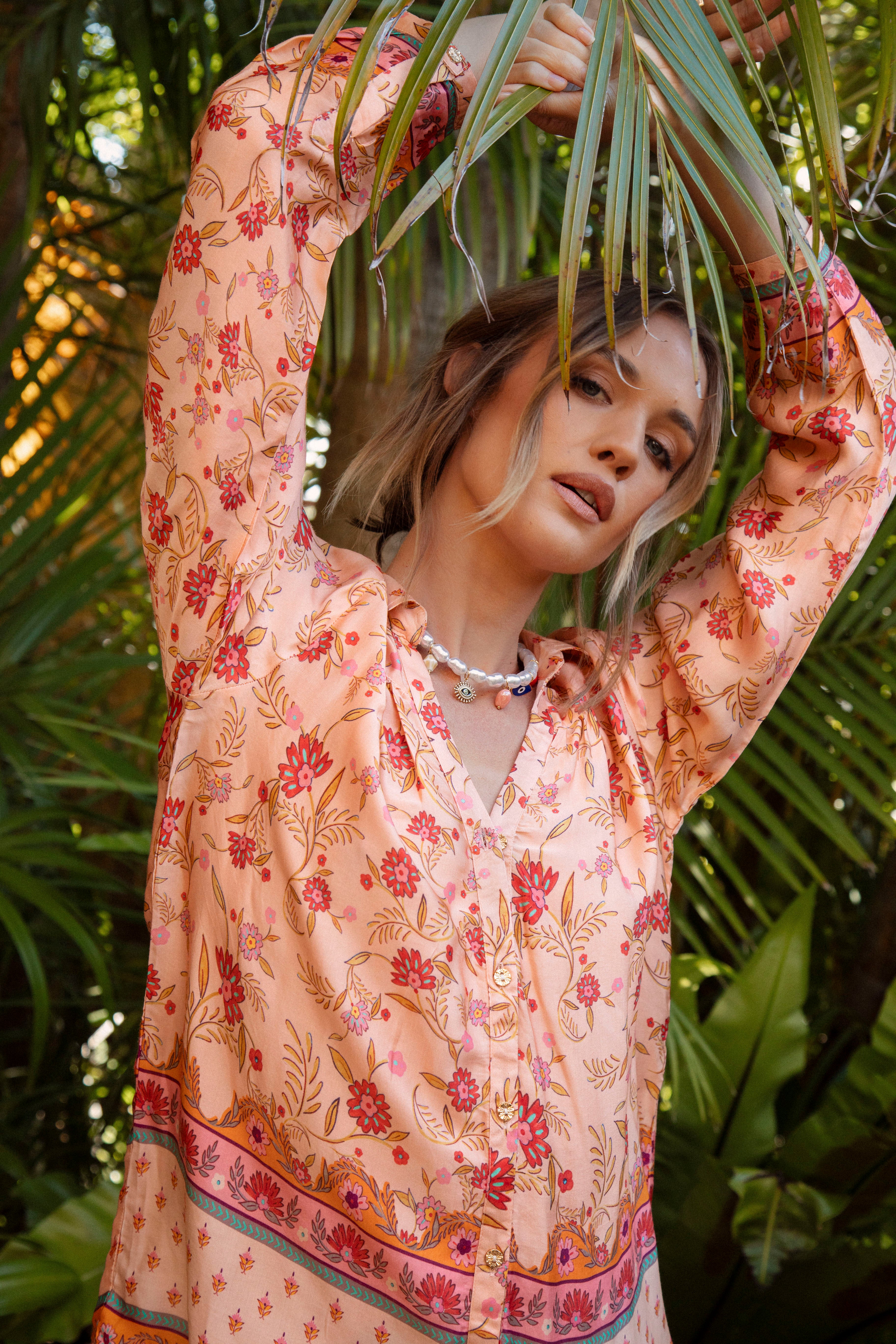 Carnivale Shirt in Peach colourway featuring a delicate floral pattern in Boho style