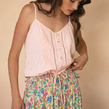 Pink camisole blouse with button down style, spaghetti straps and drawstring waist