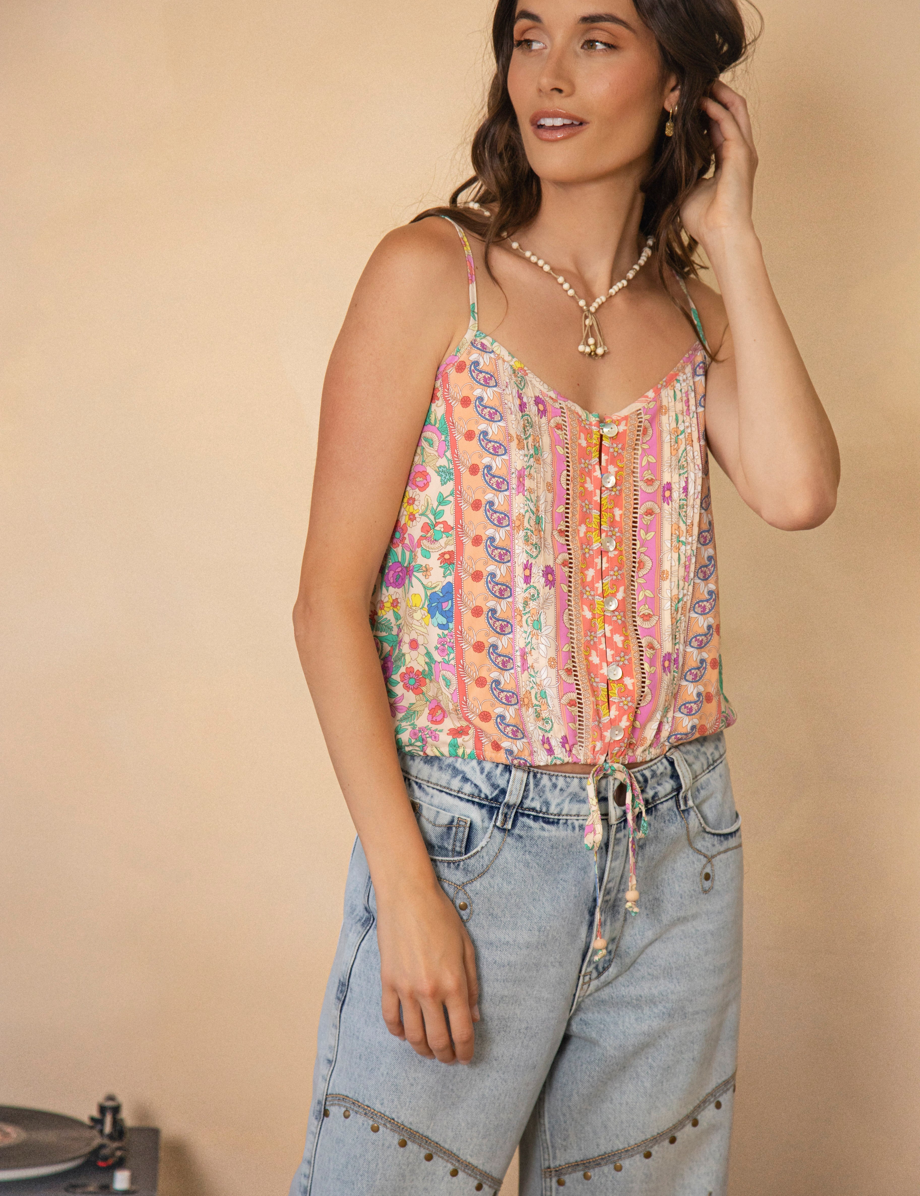 Castaway Cami Poet featuring multicolour floral print and button down style