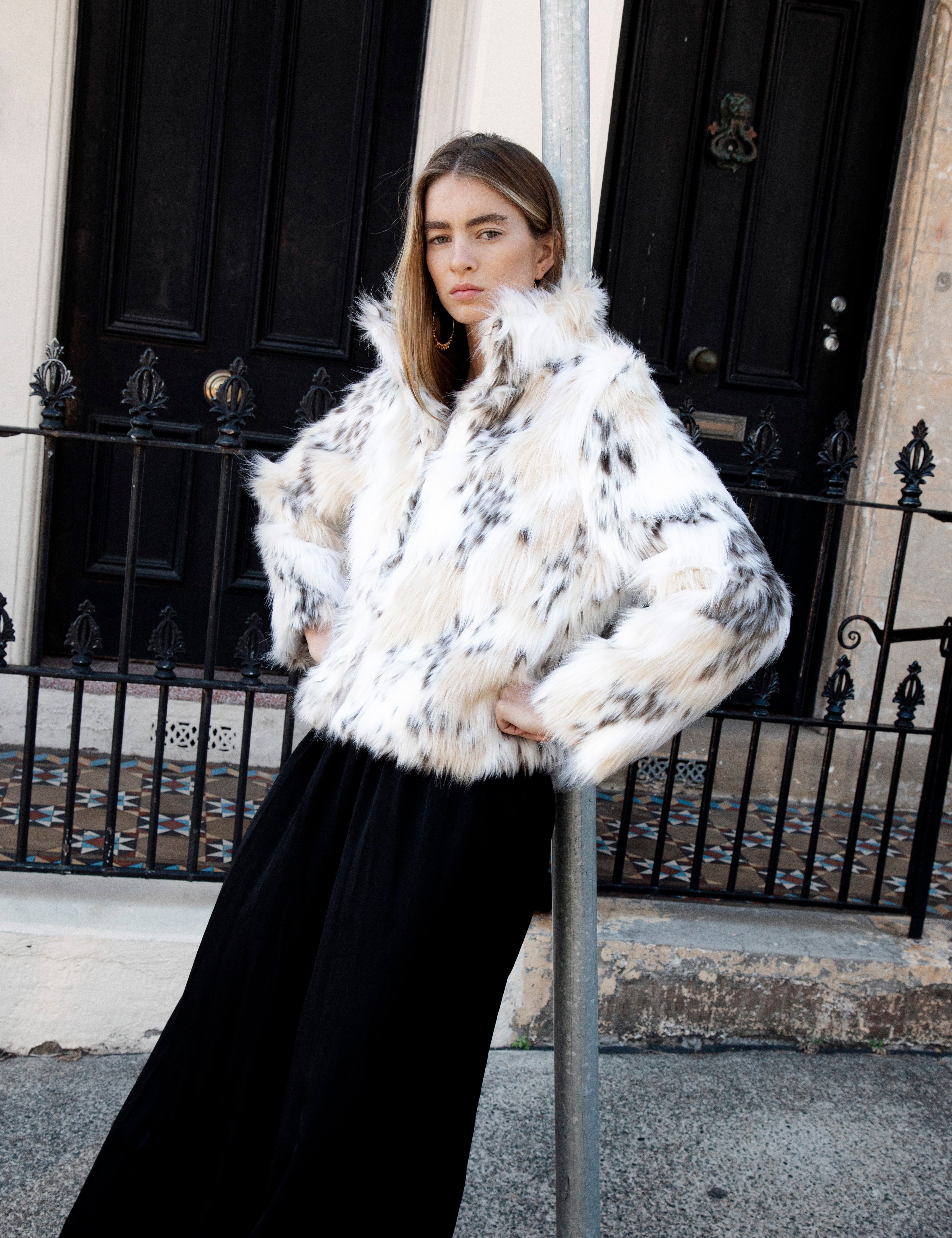 Cherie Faux Fur Coat crafted from premium faux fur in snow leopard inspired pattern