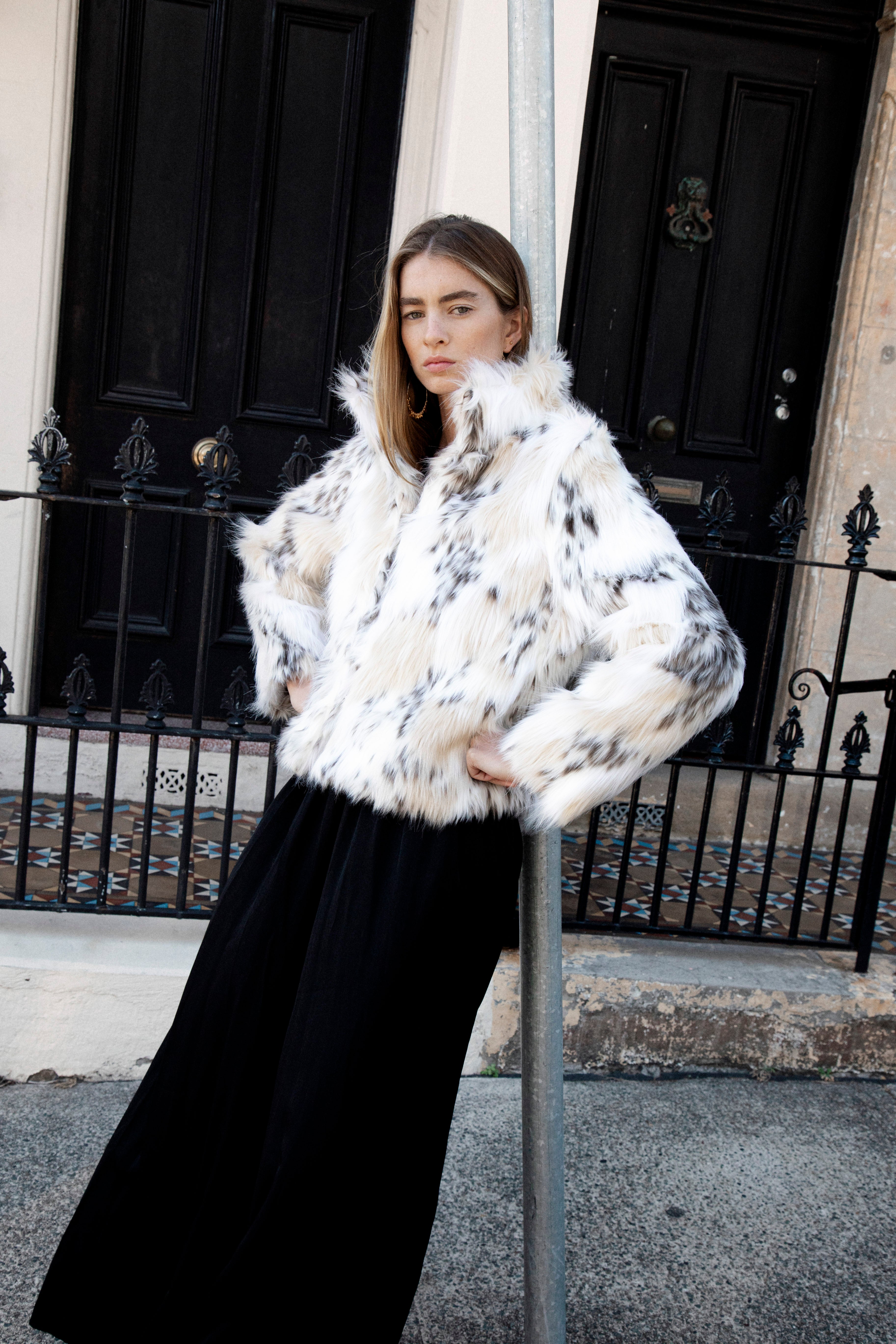 Cherie Faux Fur Coat crafted from premium faux fur in snow leopard inspired pattern