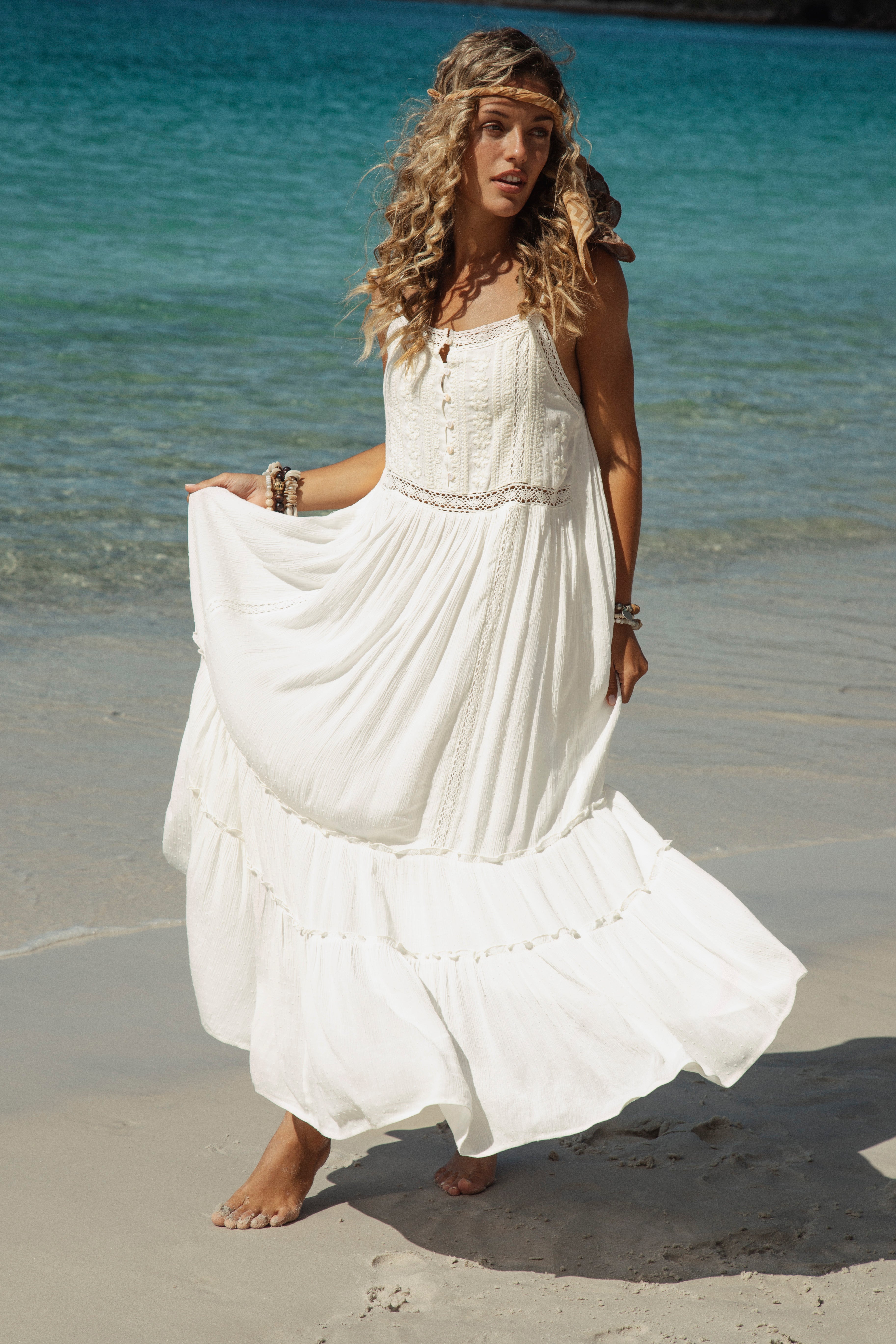 Ciela Sundress is a delicate white Boho style sundress with lace detail