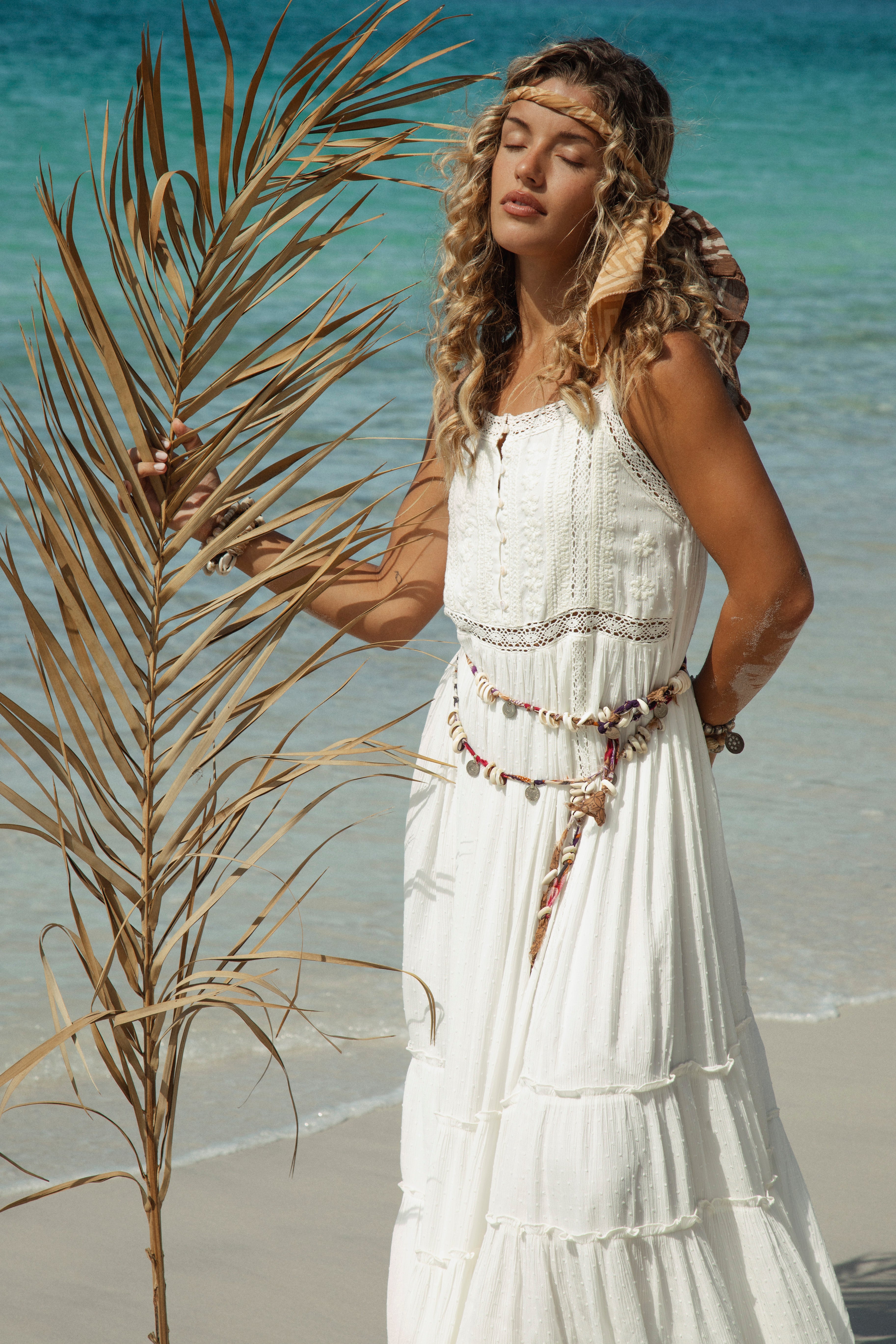 Ciela Sundress is a white maxi length Boho style sundress